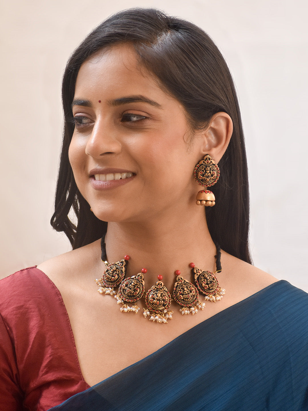 Handcrafted Lakshmi Pendant Terracotta Jewellery Set in Antique Gold, Red & Pearl Droplets