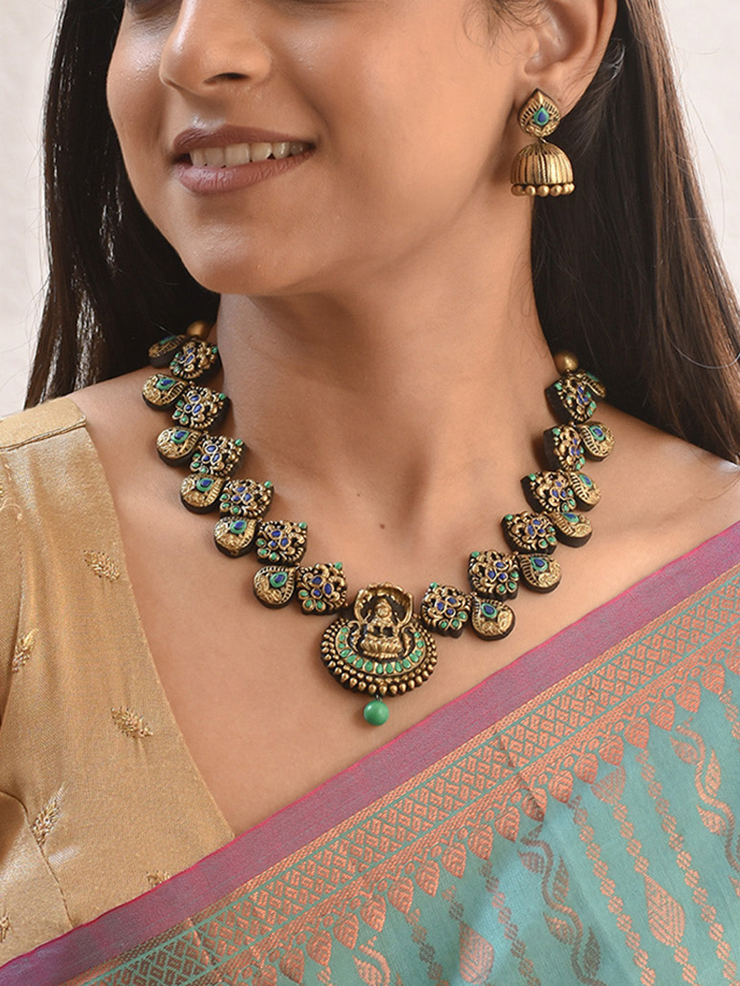 Handcrafted Lakshmi Pendant Terracotta Jewellery Set in Blue & Antique Gold