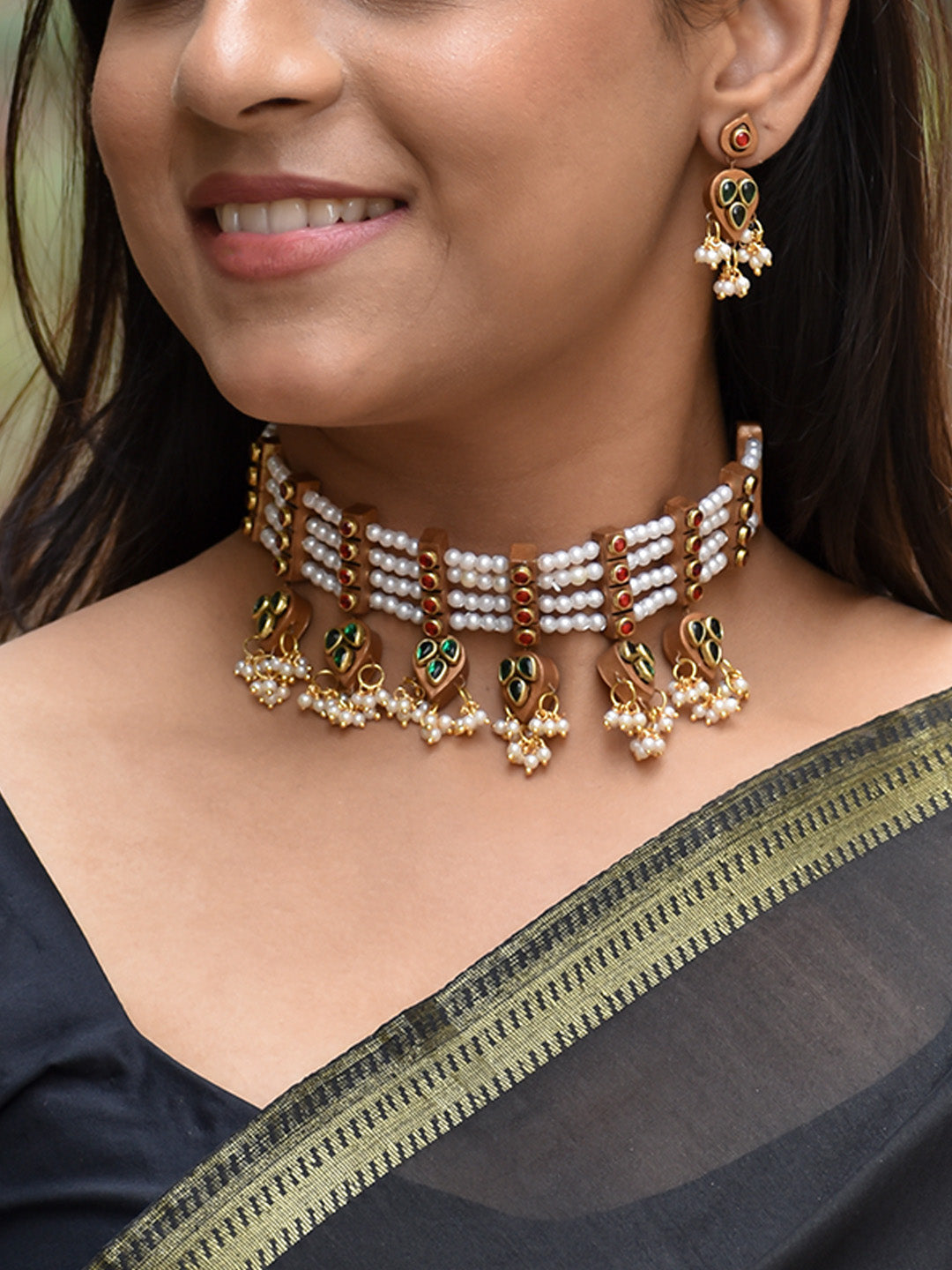 Beautifully Handcrafted Contemporary Terracotta Jewellery Set in Red, Green & Gold with Kundan Stones