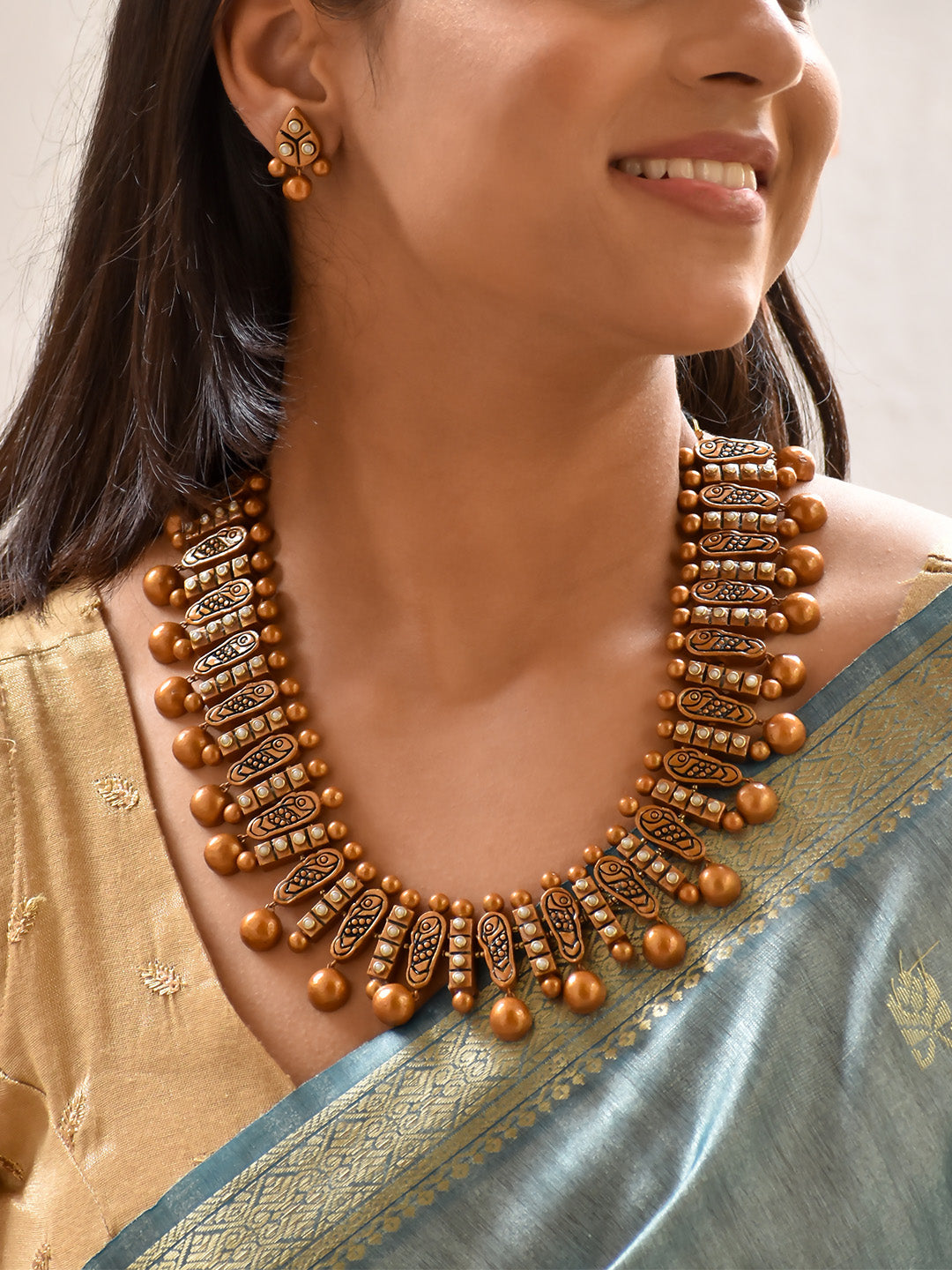 Beautifully Handcrafted Geometric Terracotta Jewellery Set in Gold with Kundan Stones