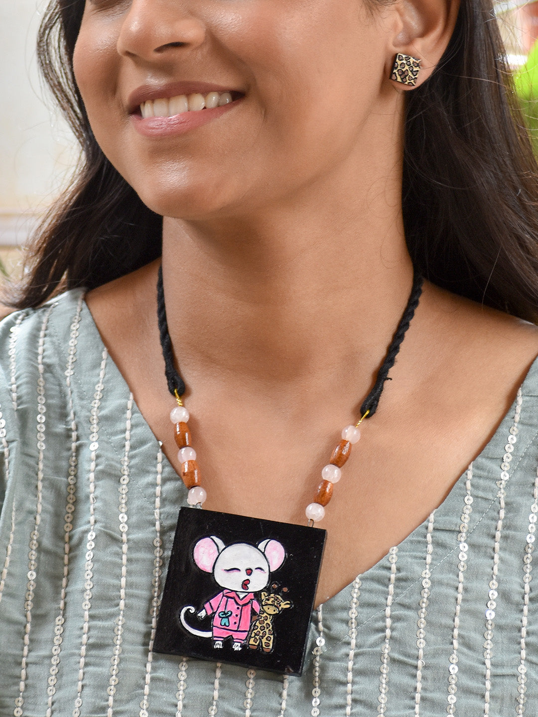 Beautifully Charming Handcrafted Terracotta Jewellery Set with Adorable Mouse Artwork