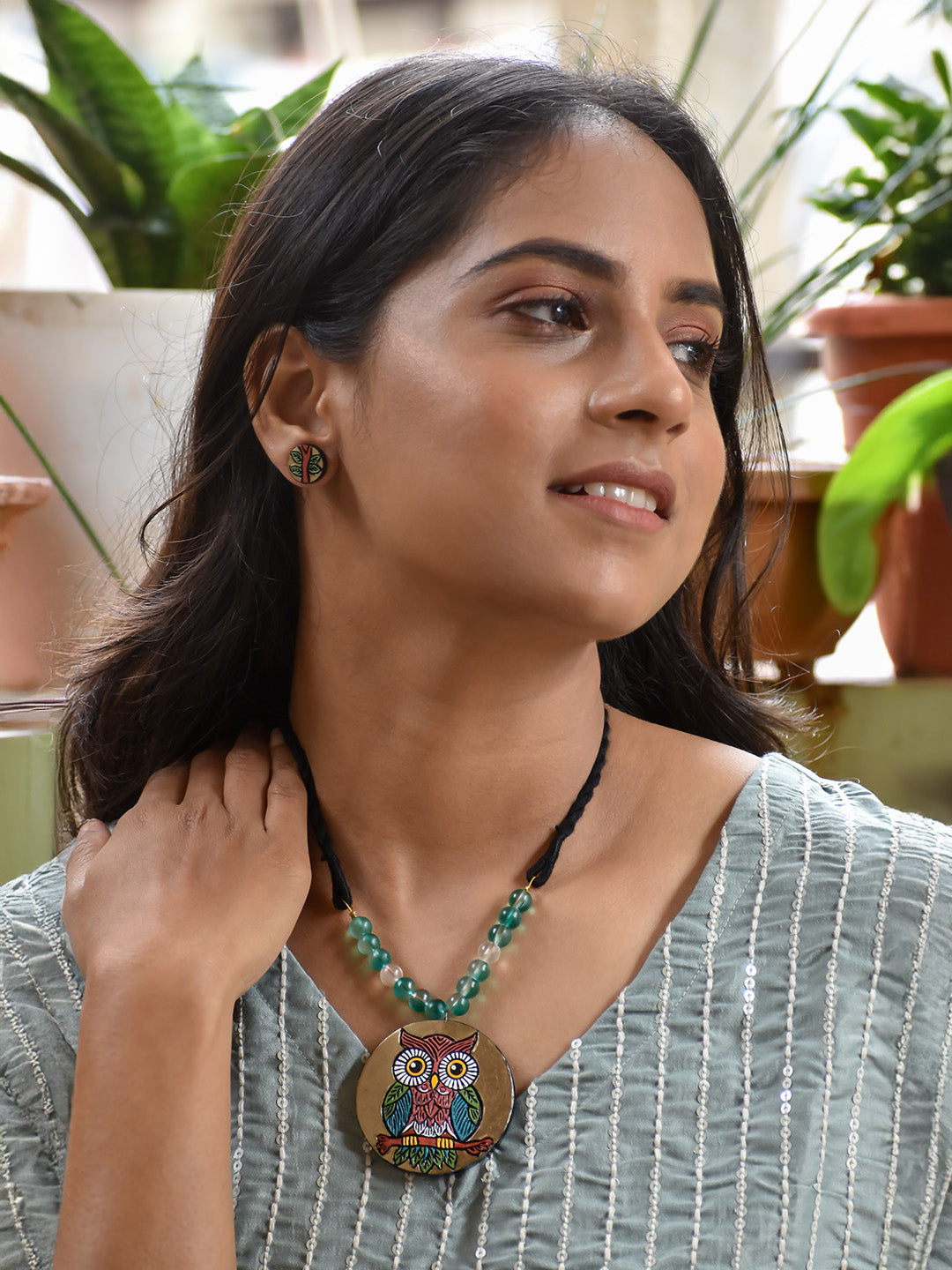 Beautifully Handcrafted Owl Motif Terracotta Jewellery Set with Vibrant Colors