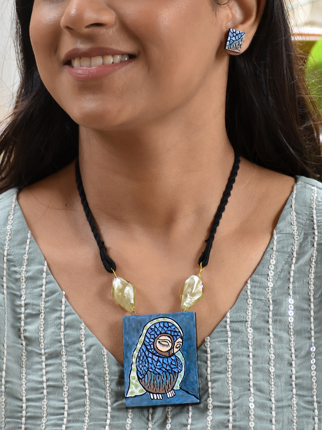 Beautifully Handcrafted Owl Motif Terracotta Jewellery Set in Shades of Blue & Antique Bronze