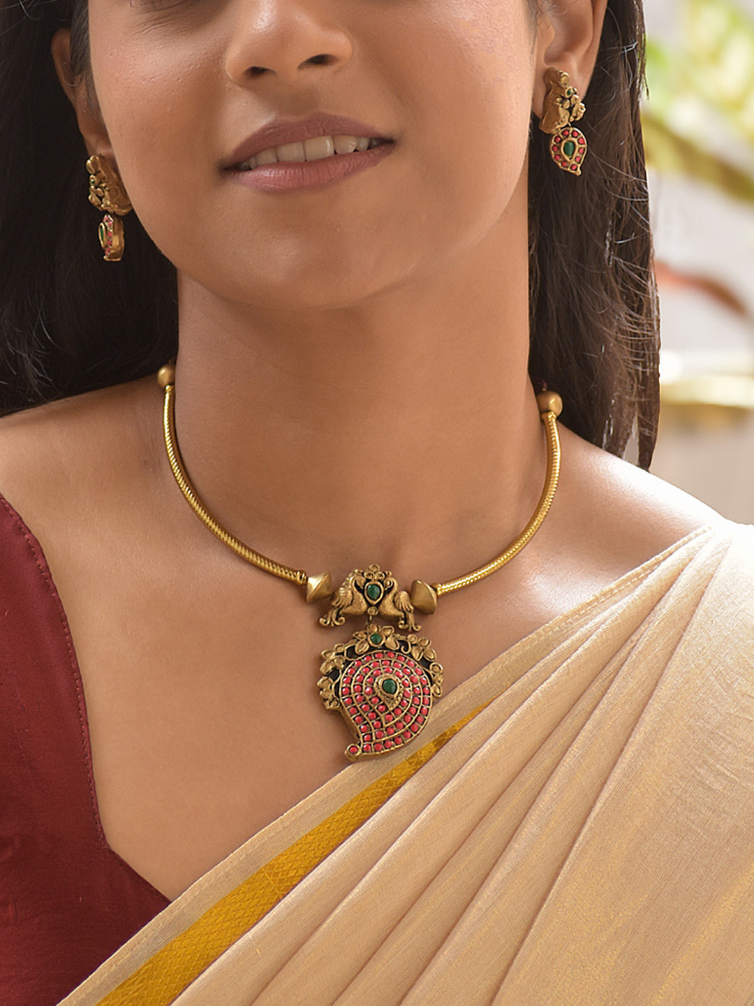 Terracotta Peacock Pendant Necklace Set with Ruby-Green Accents