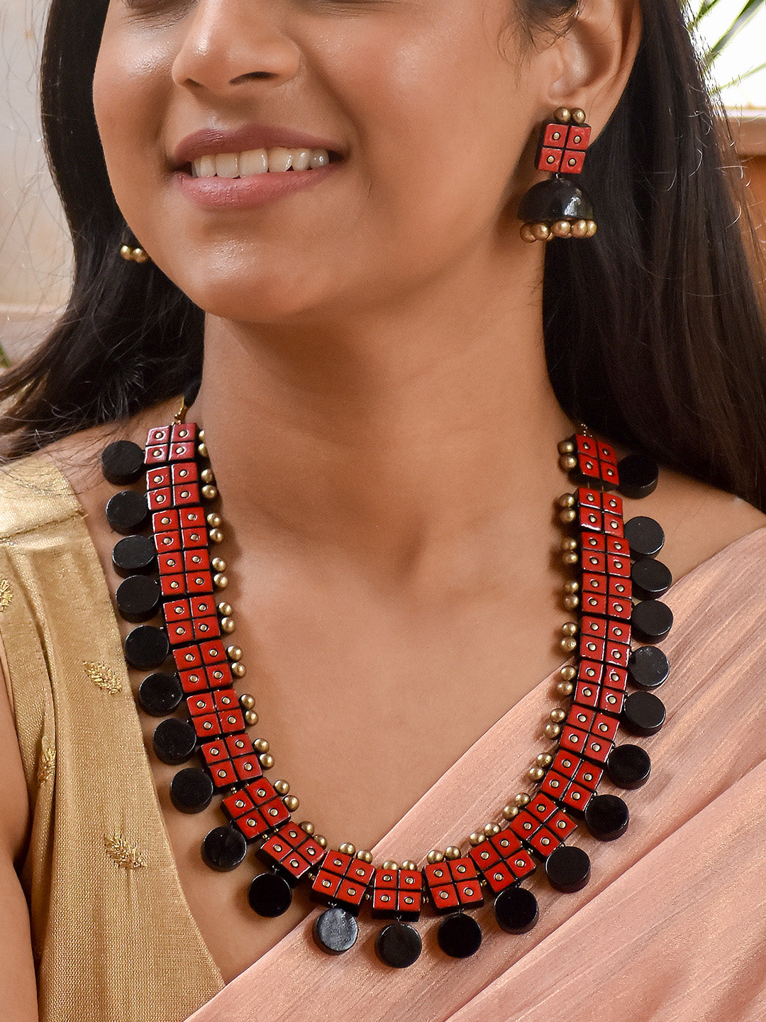 Beautifully Handcrafted Geometric Terracotta Jewellery Set in Red, Antique Bronze & Black