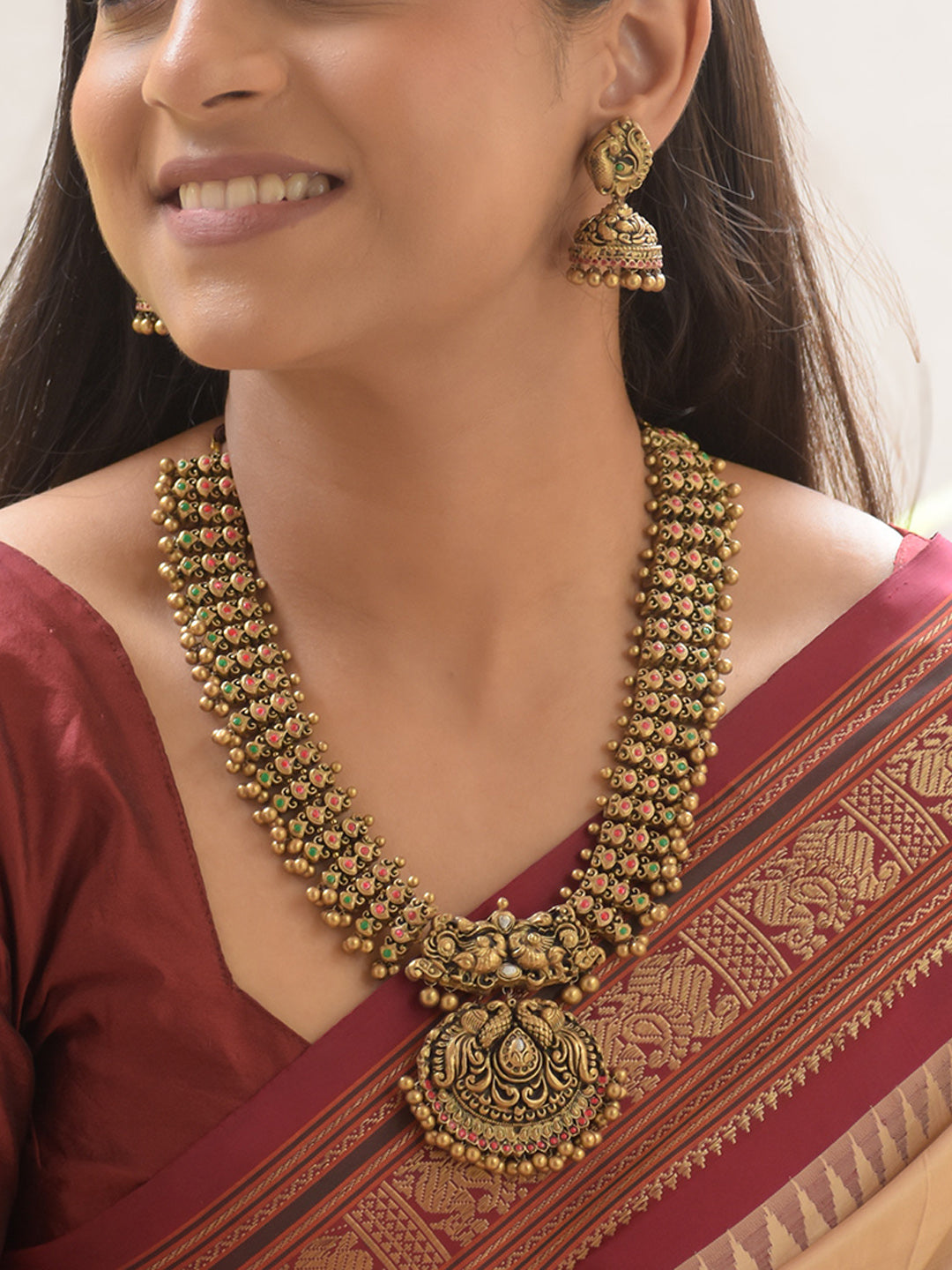 Priyaasi - Handcrafted Terracotta Peacock Motif Necklace Set with Colors Detailing and Antique Finish Earrings