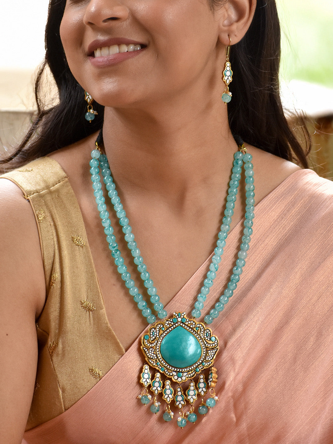 Beautifully Handcrafted Floral Terracotta Jewellery Set in Gold & Teal Blue