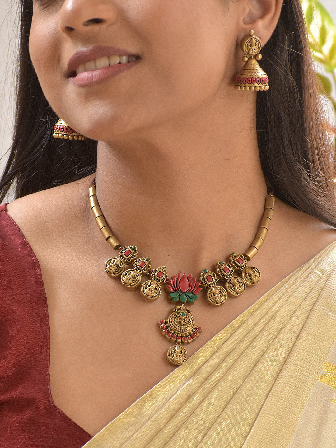 Terracotta Antique Lotus Necklace Set with Lakshmi Coin Motifs