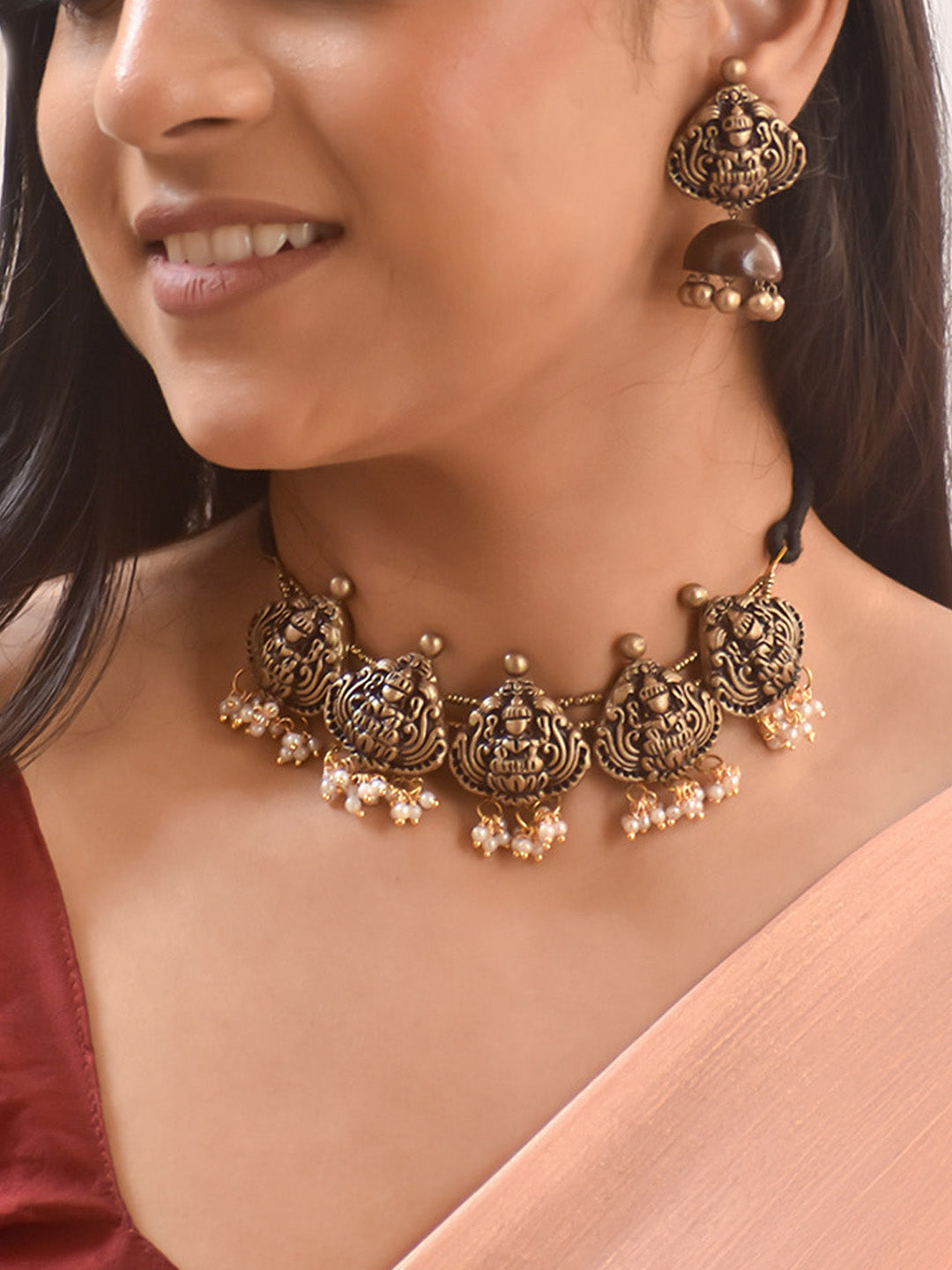 Handcrafted Lakshmi Design Terracotta Jewellery Set in Antique Gold with Pearl Droplets