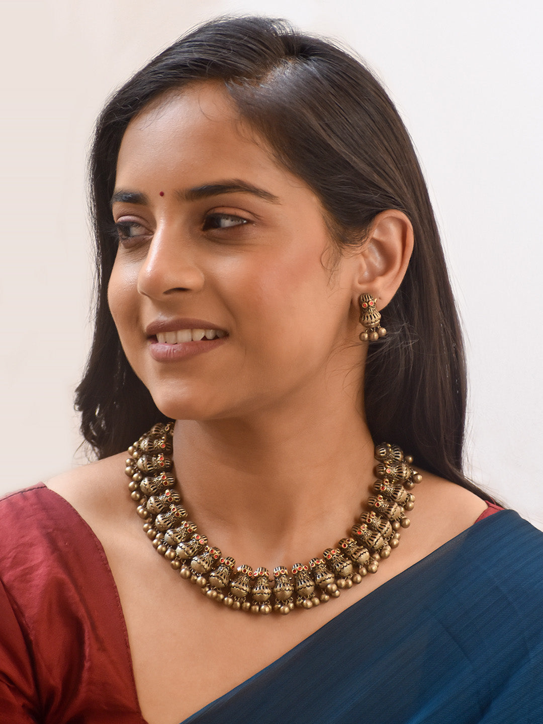 Handcrafted Antique Brass Necklace Set with Matching Earrings – Traditional Tribal Design