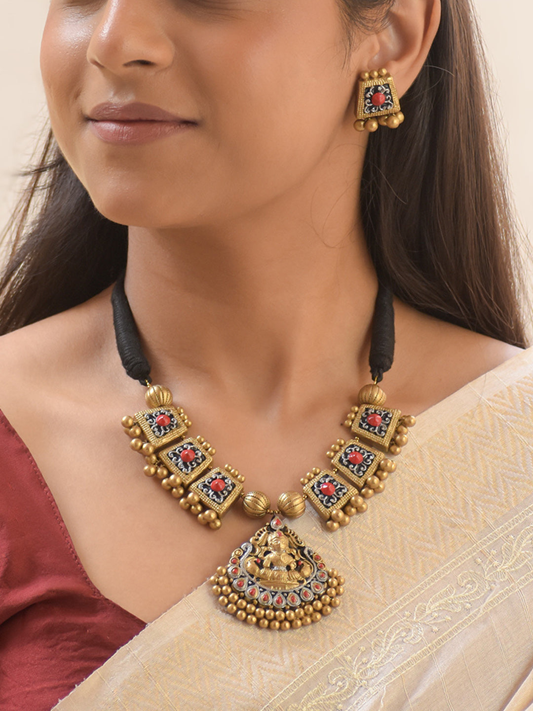 Antique Gold Red Silver Lakshmi Mandala Design Handmade Terracotta Necklace Set