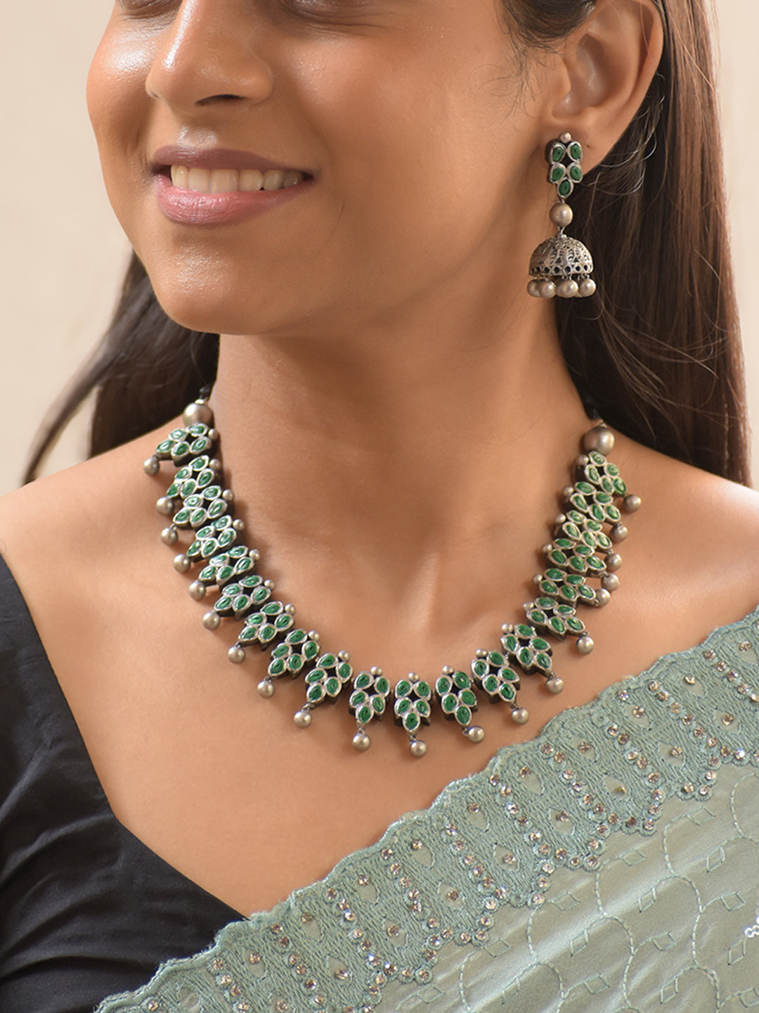 Silver and Green Leaf Design Handmade Terracotta Necklace Set