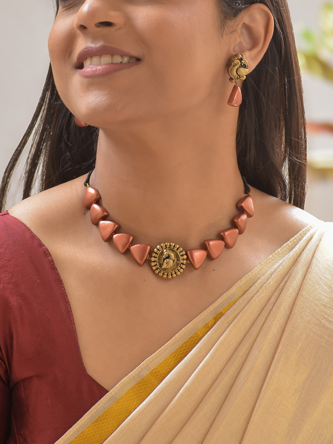 Terracotta Rose Gold Triangle Bead Necklace with Peacock Pendant & Matching Earrings