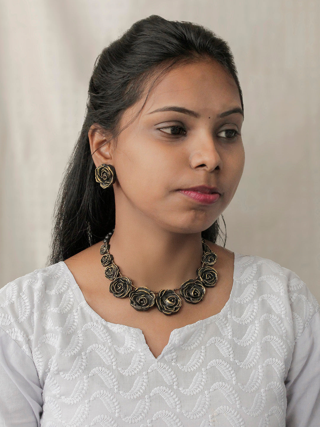 Handcrafted Antique Brass Rose Pendant Choker Earrings Set