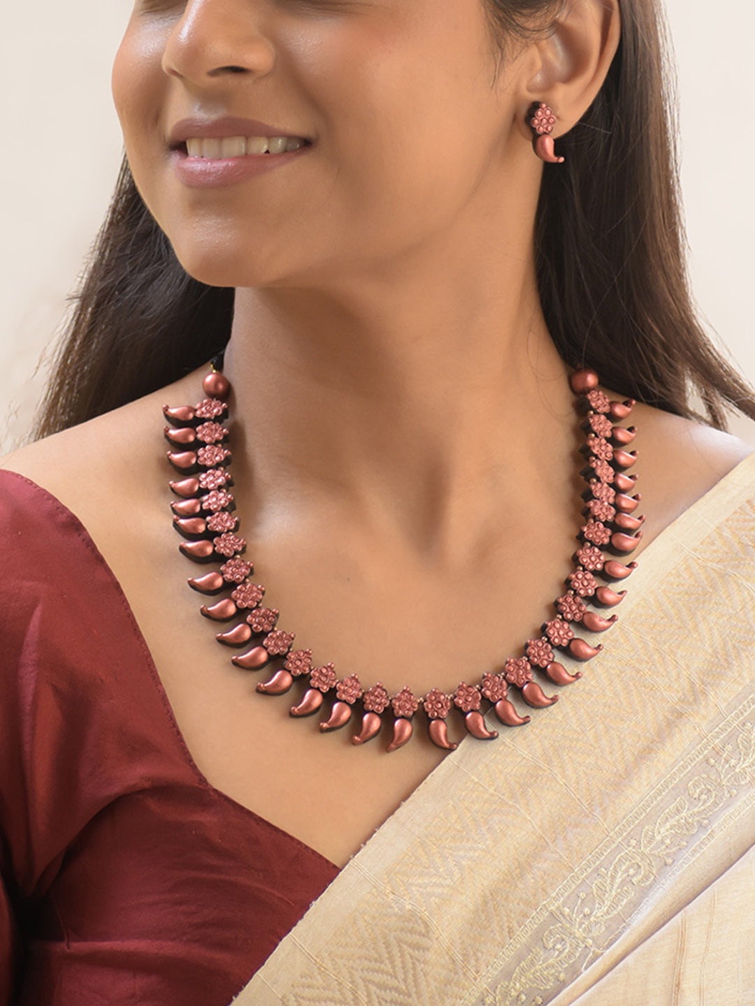 Copper Finish Flower Mango Design Handmade Terracotta Necklace Set