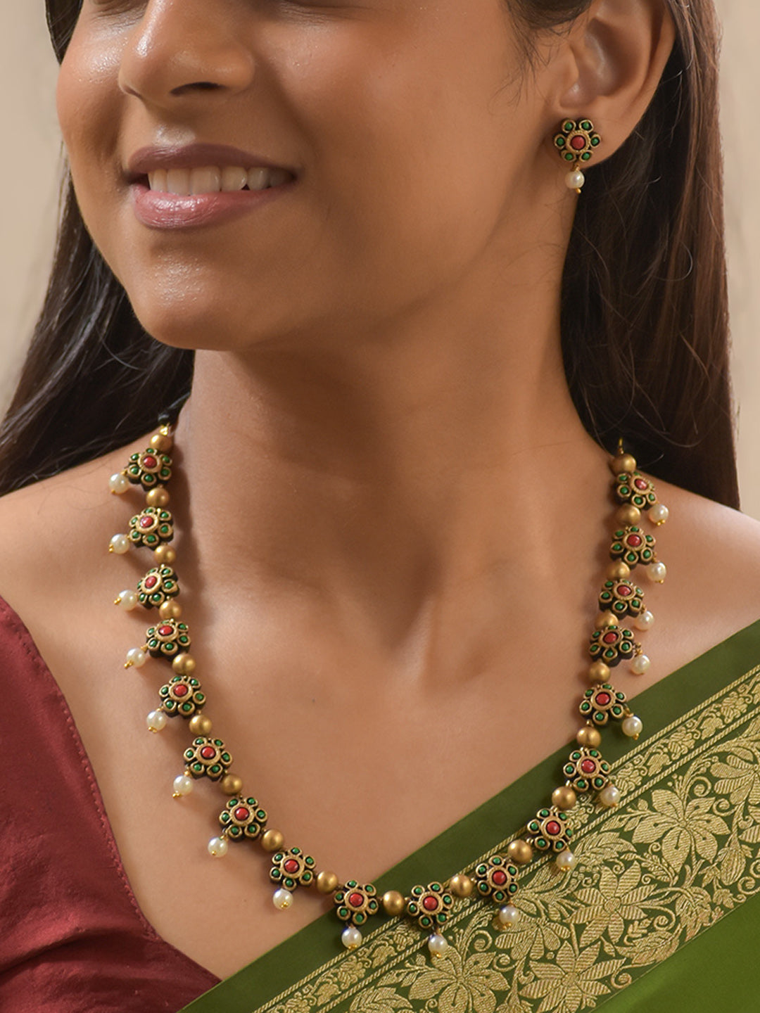 Antique Gold Green and Red Flower Design Handmade Terracotta Necklace Set with Pearls