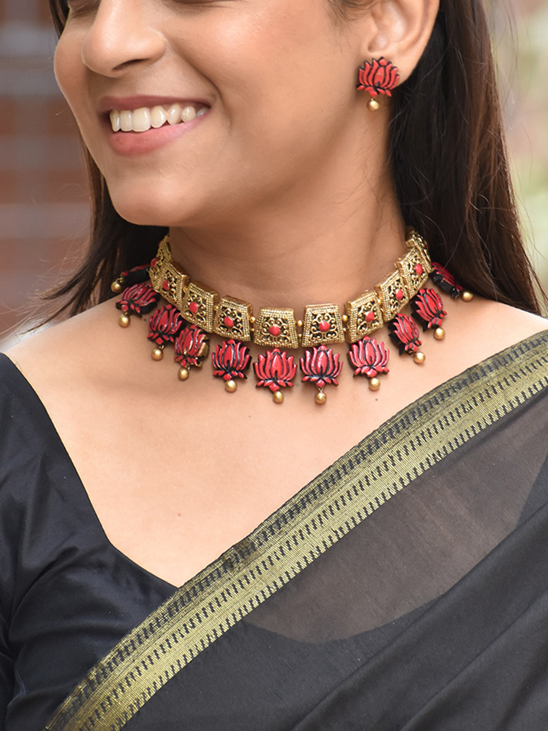 Antique Gold Terracotta Choker Set with Red Lotus Motif and