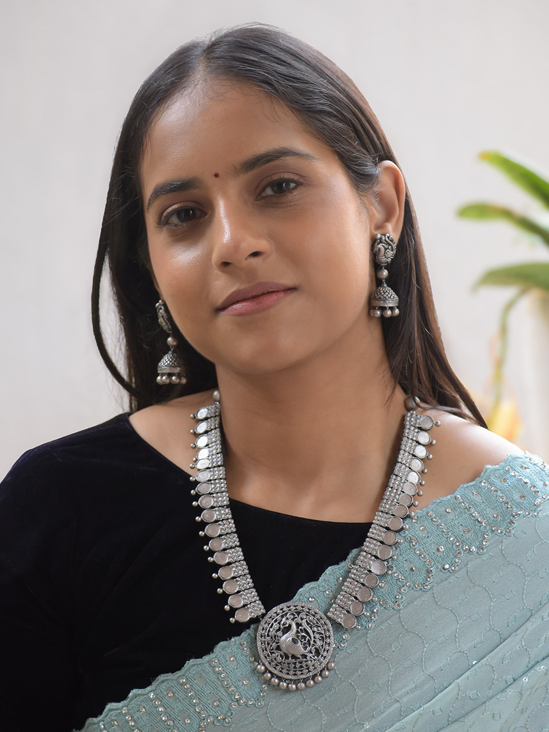 Silver Peacock Coin Design Handmade Terracotta Necklace Set