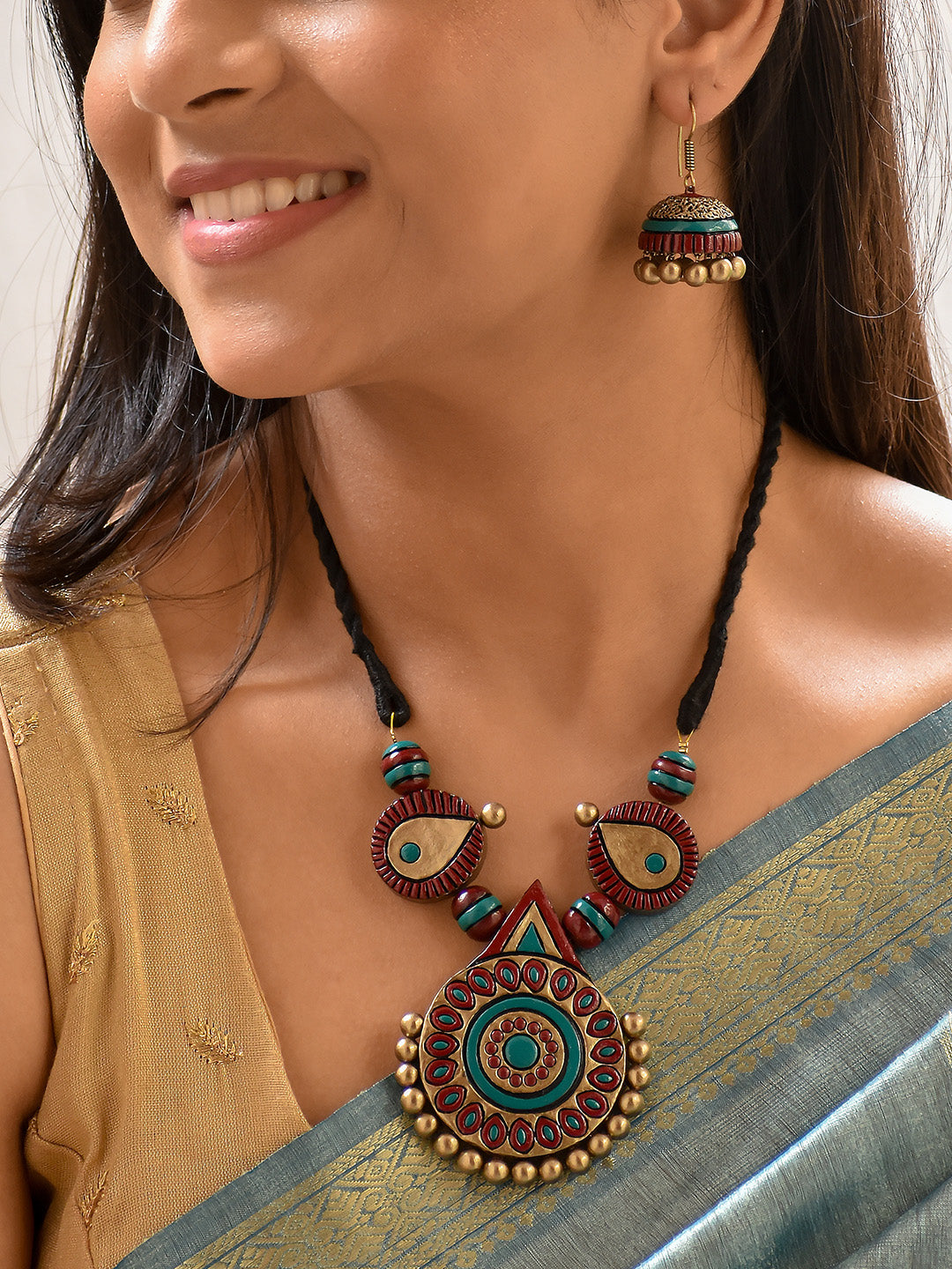 Golakarah — Beautifully Handcrafted Geometric Terracotta Jewellery Set in Teal, Maroon & Antique Bronze