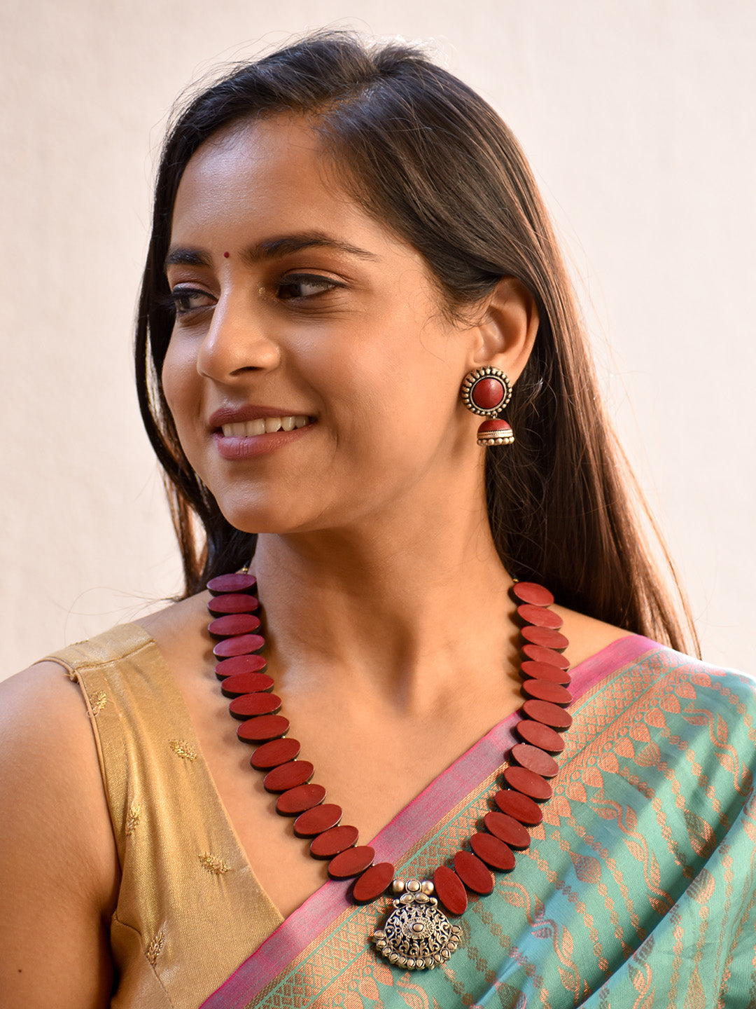 Beautifully Handcrafted Oval Terracotta Jewellery Set in Deep Maroon & Antique Silver