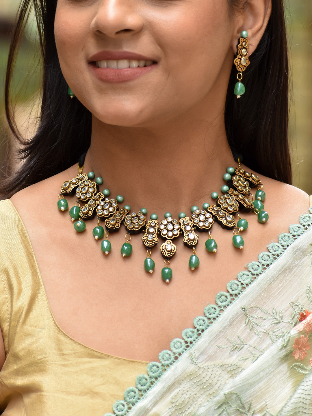 Beautifully Handcrafted Floral Terracotta Jewellery Set in Gold & Green with Kundan Stones