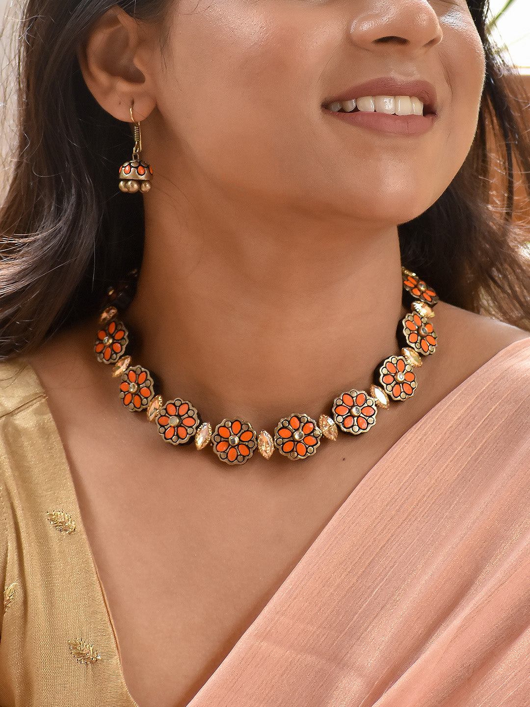 Beautifully Handcrafted Floral Terracotta Jewellery Set in Orange & Antique Bronze with Kundan Stones