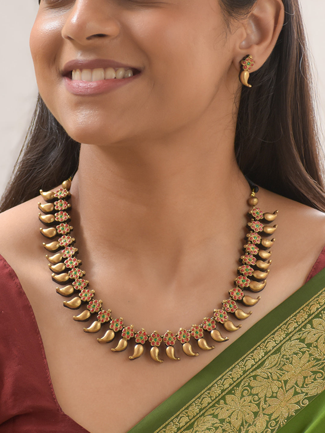 Antique Gold Green Red Flower Mango Design Handmade Terracotta Necklace Set