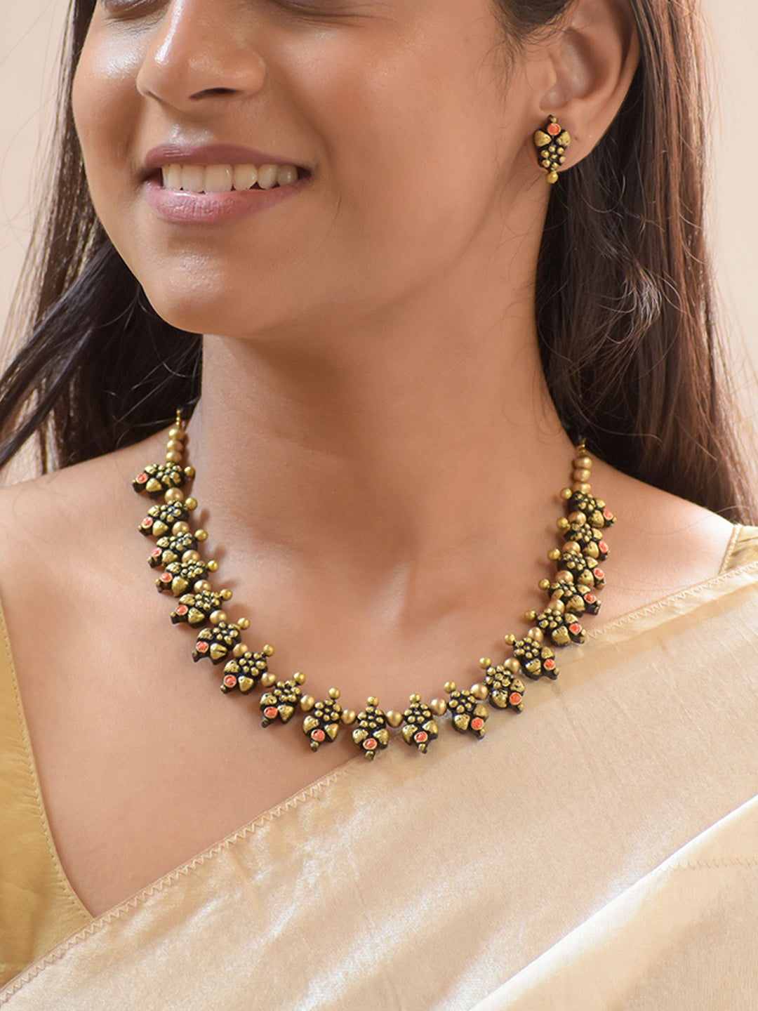 Kumuda — Handcrafted Terracotta Floral Design Necklace Set in Red and Antique Gold with Stud Earrings