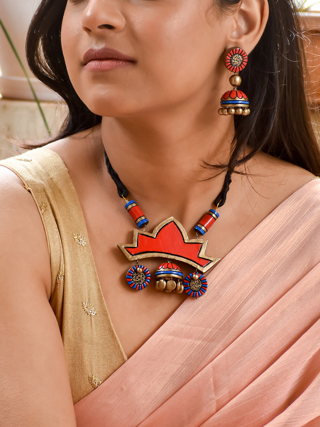 Beautifully Handcrafted Floral Terracotta Jewellery Set in Orange, Blue & Antique Bronze