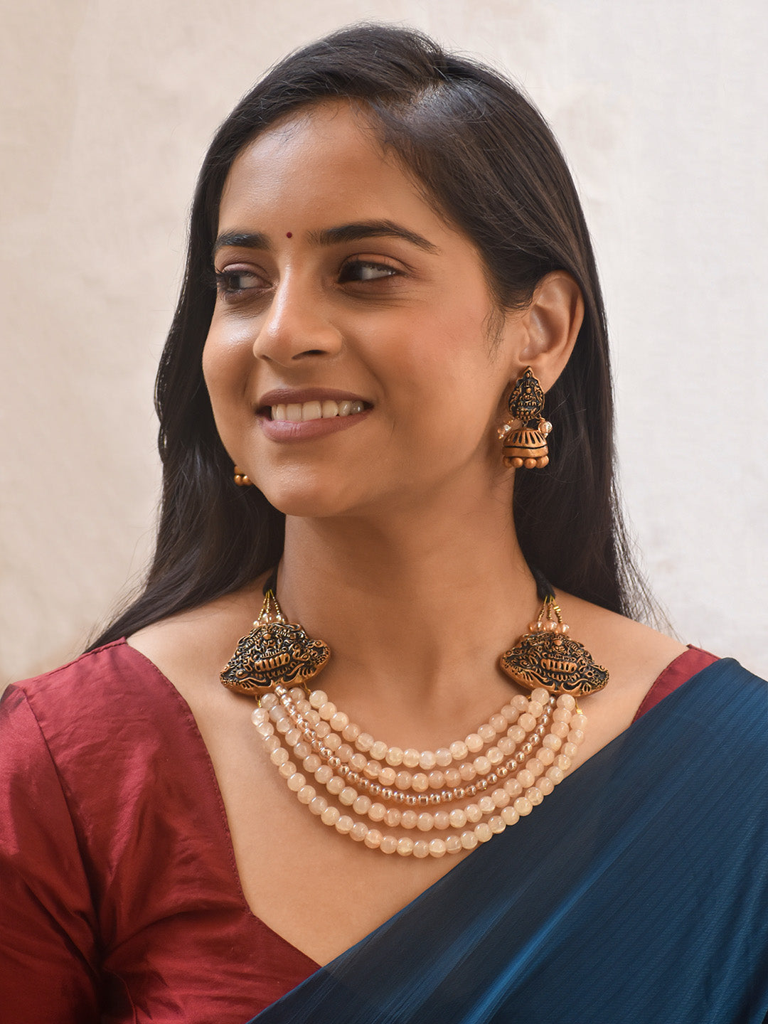 Handcrafted Temple Jewelry Set – Antique Gold Necklace with Cream Beads & Matching Earrings
