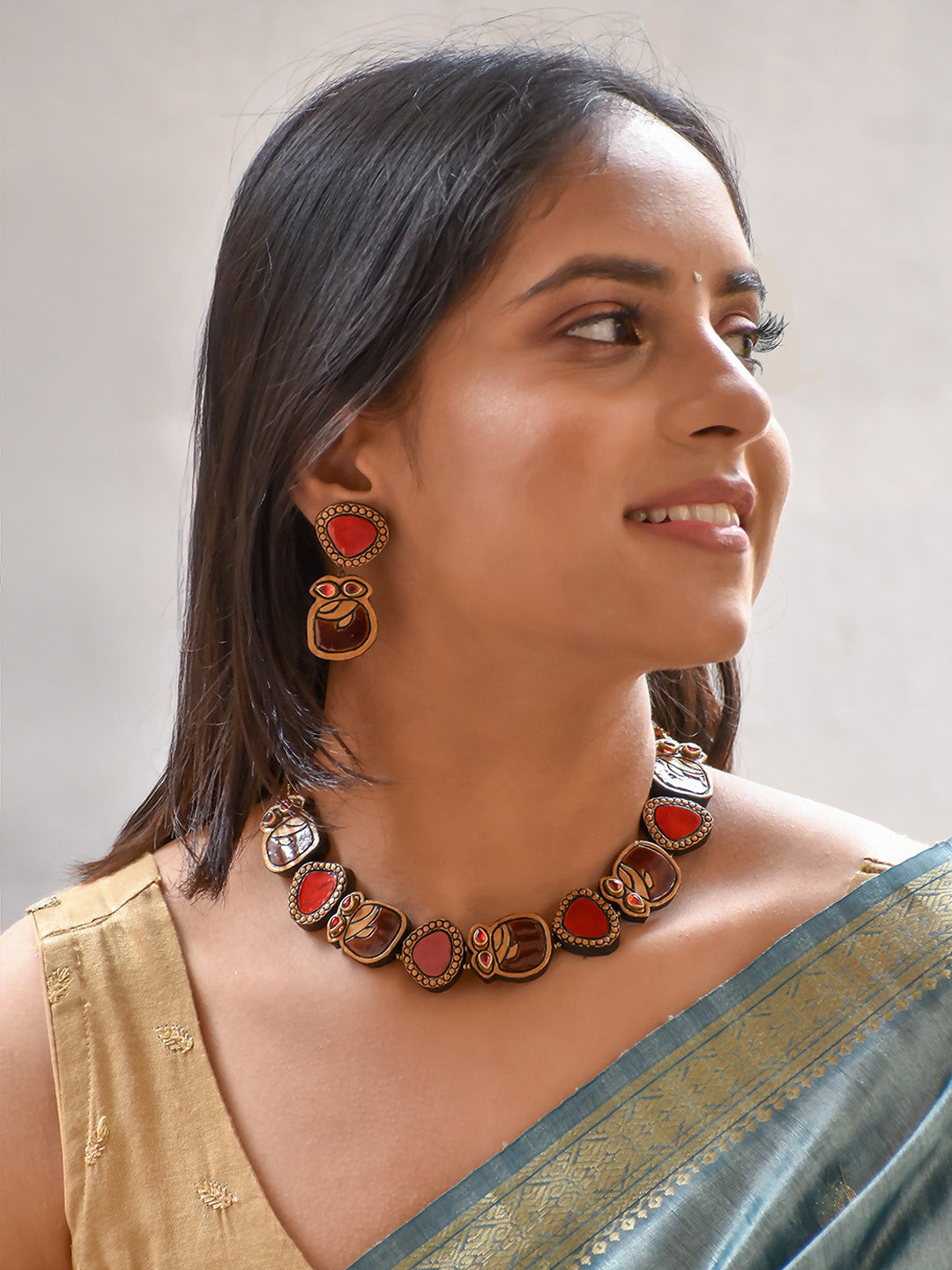 Beautifully Handcrafted Contemporary Terracotta Jewellery Set in Red, Brown & Gold with Kundan Stones