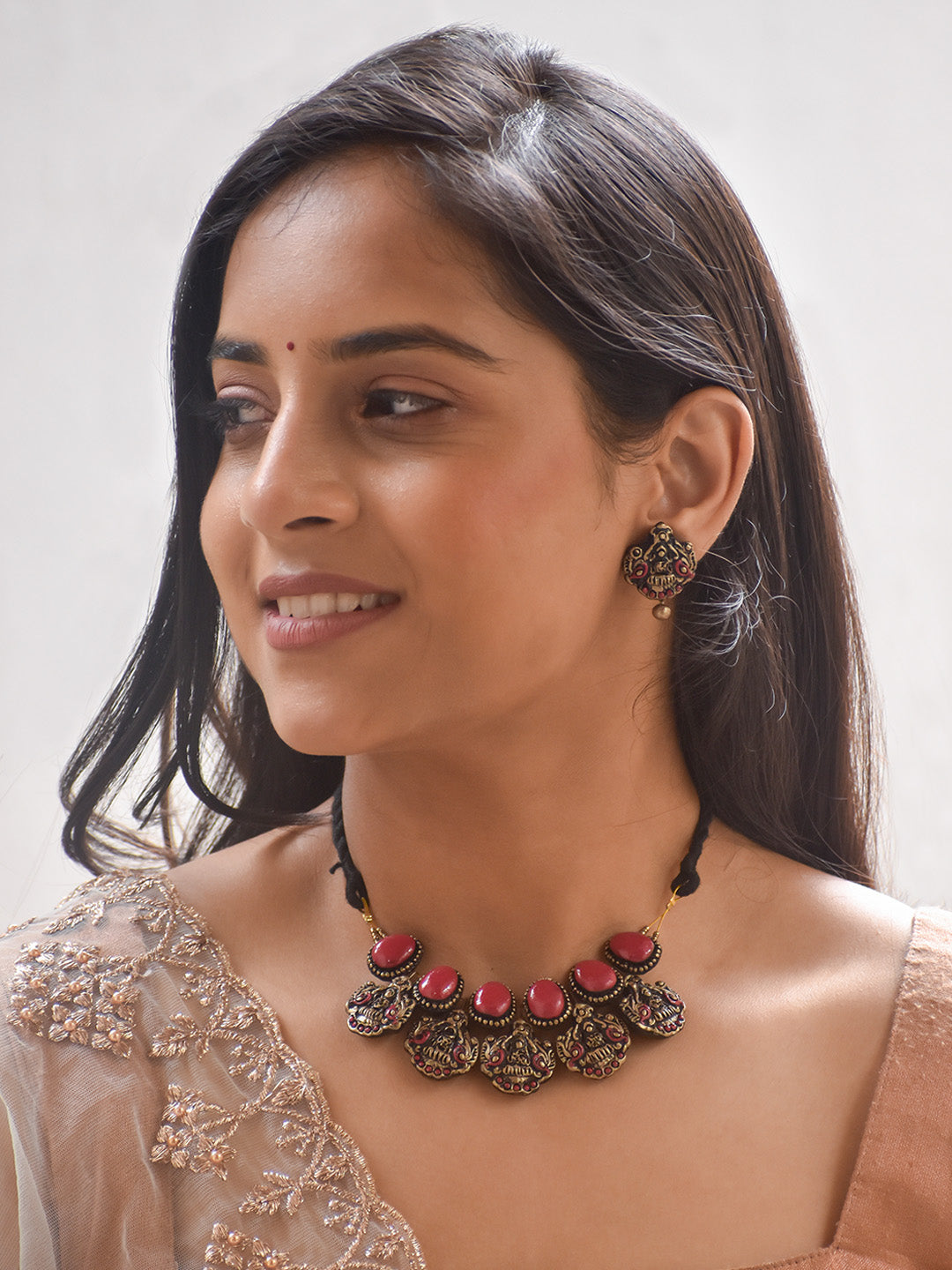 Handcrafted Antique Gold Necklace Set with Red Stones & Black Thread – Ethnic Temple-Inspired Design with Matching Earrings