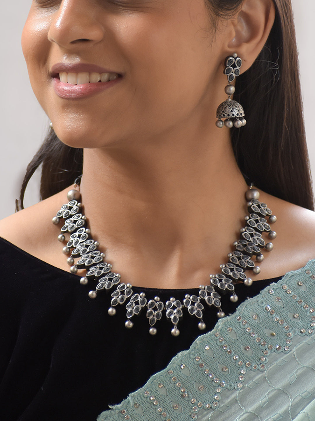 Silver and Black Leaf Design Handmade Terracotta Necklace Set