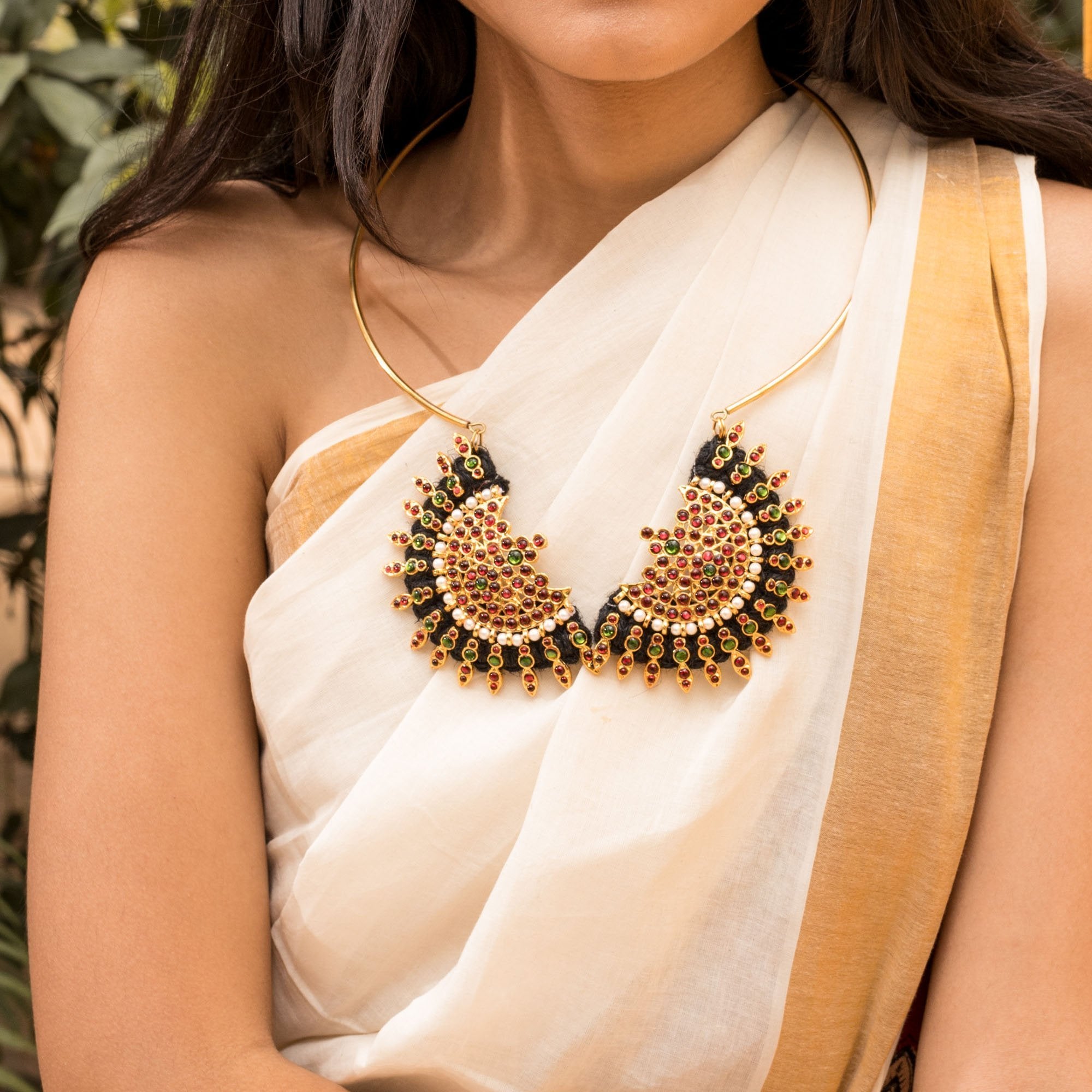 Designer Contemporary 2 Sided Half Circular Fringe Pendant Choker Necklace