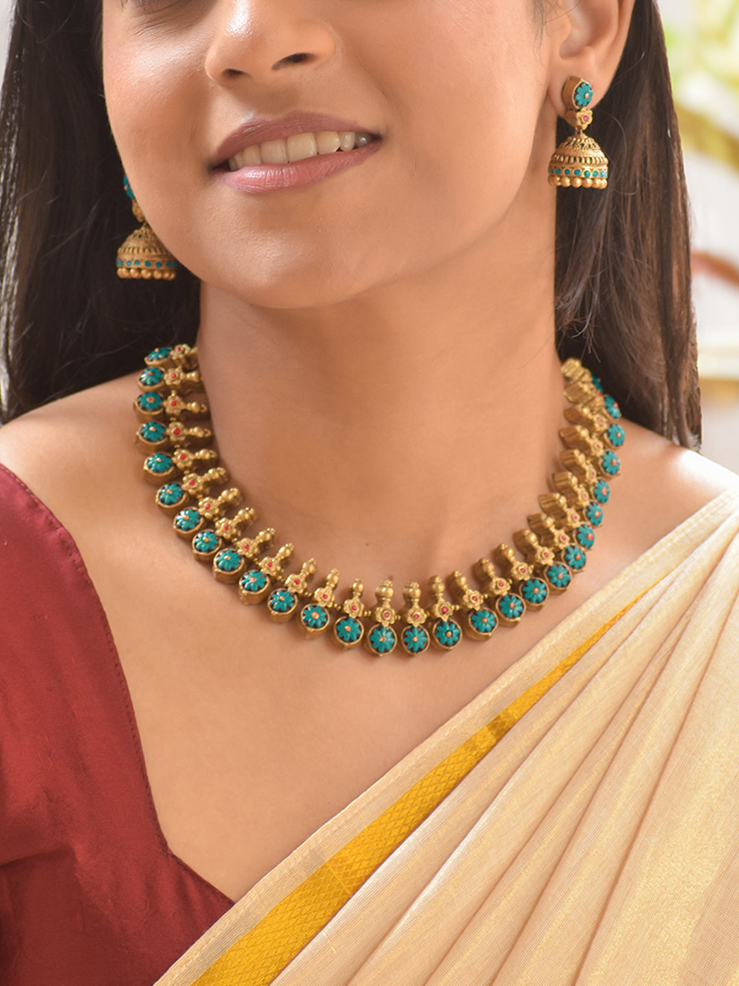 Terracotta Floral Necklace Set With Antique Finish And Teal Accents 