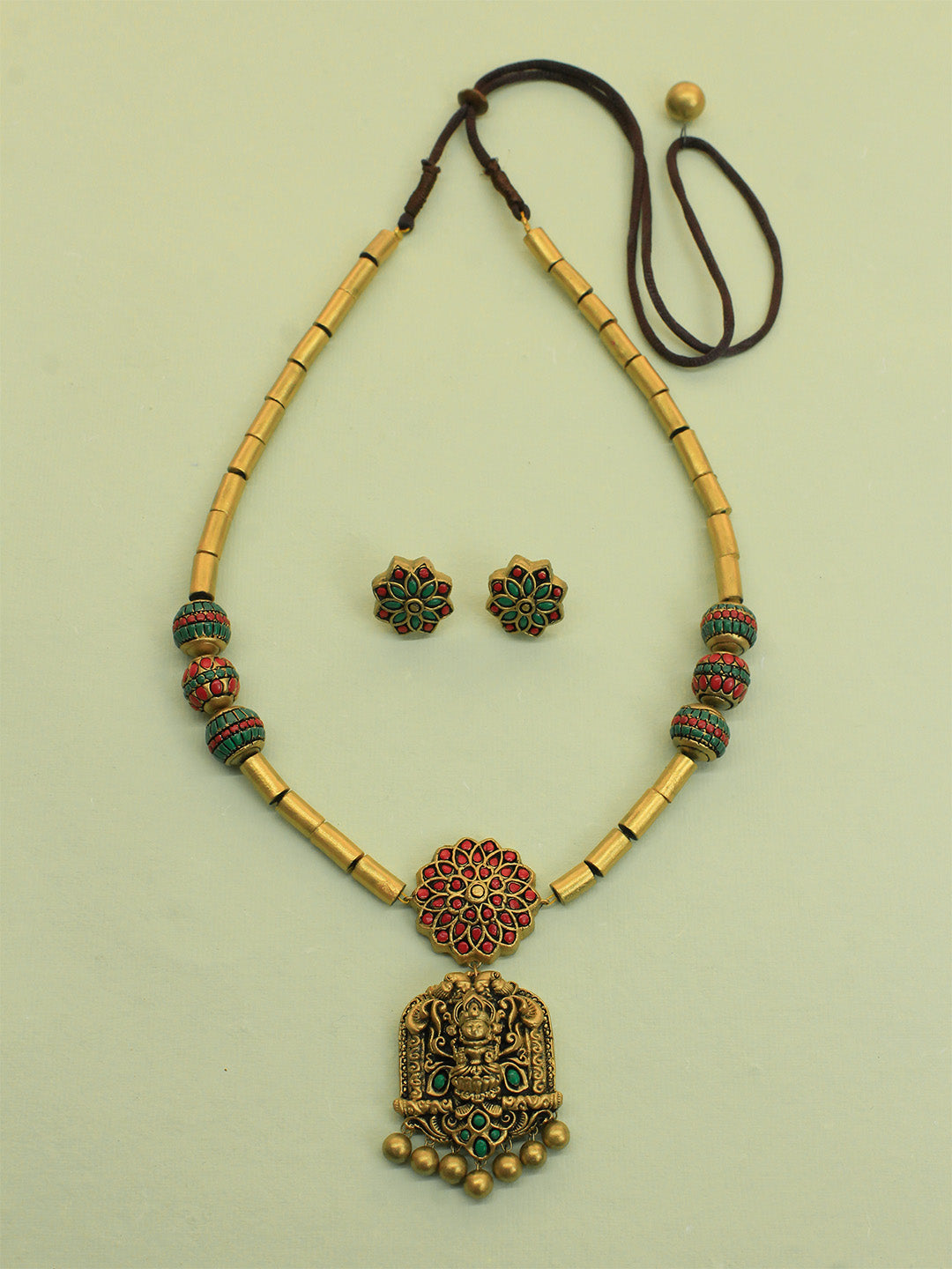 Tarangini — Antique Gold Pink Green Mandala Art and Lakshmi Pendant Temple Tube Design Mala Handmade Terracotta Necklace Set