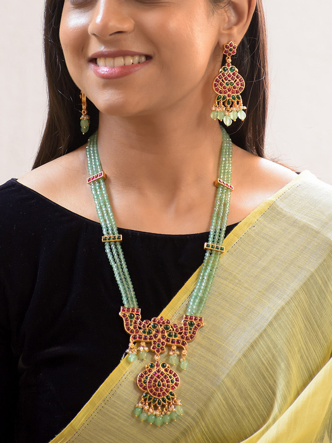 Premium Kempu and Green Agate Haaram Necklace Set
