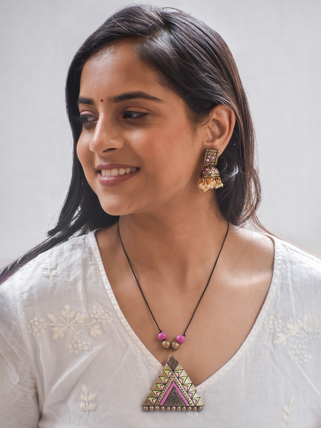 Handcrafted Terracotta Tribal Triangle Necklace Set with Pink & Gold and Matching Earrings