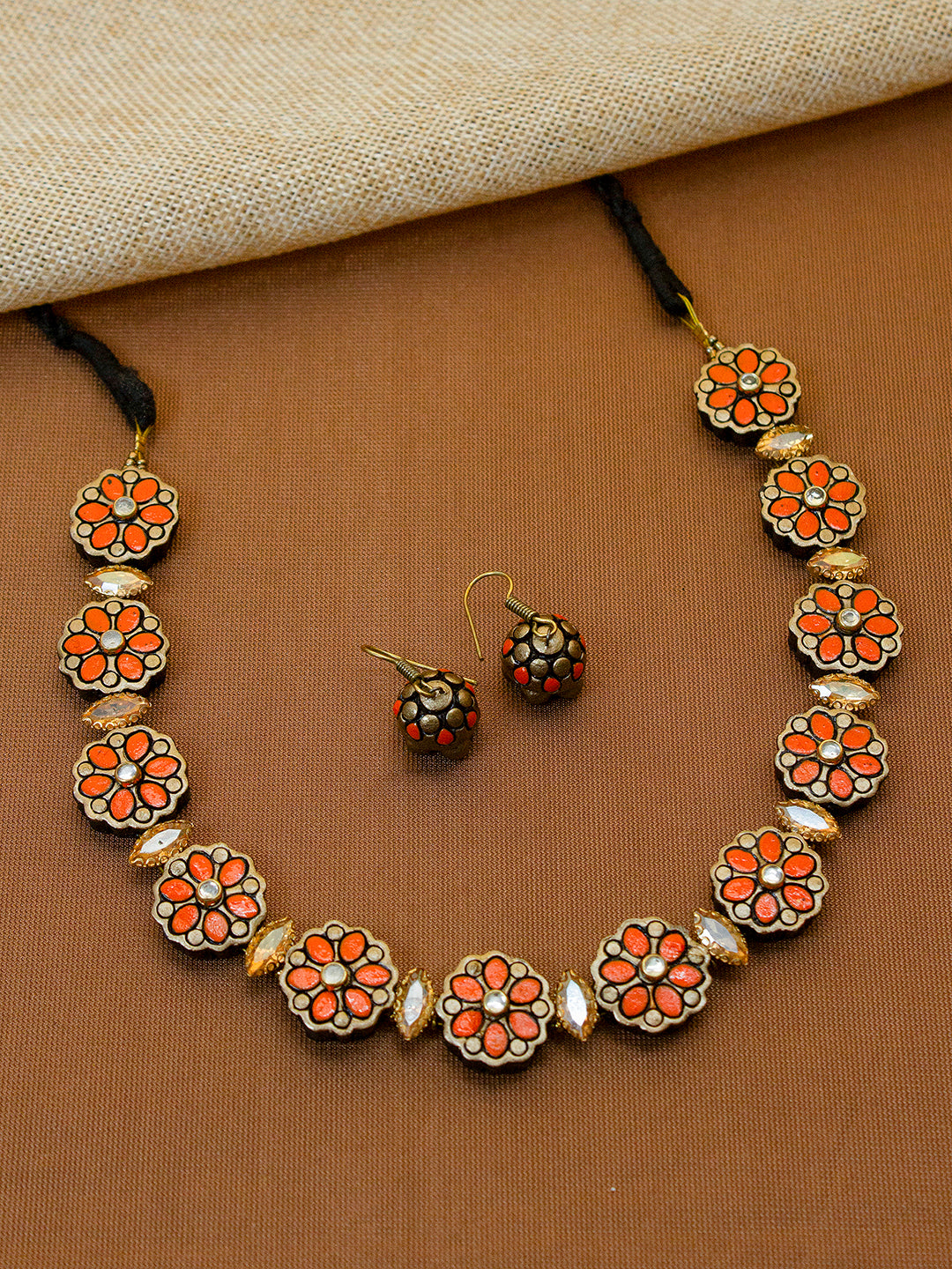 Beautifully Handcrafted Floral Terracotta Jewellery Set in Orange & Antique Bronze with Kundan Stones