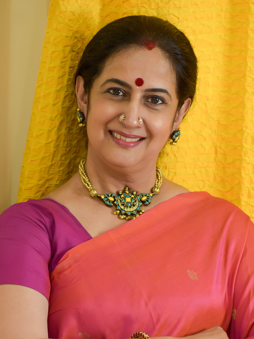 Handmade Terracotta Floral Statement Necklace Set with Stud Earrings in Blue, Yellow and Antique Gold