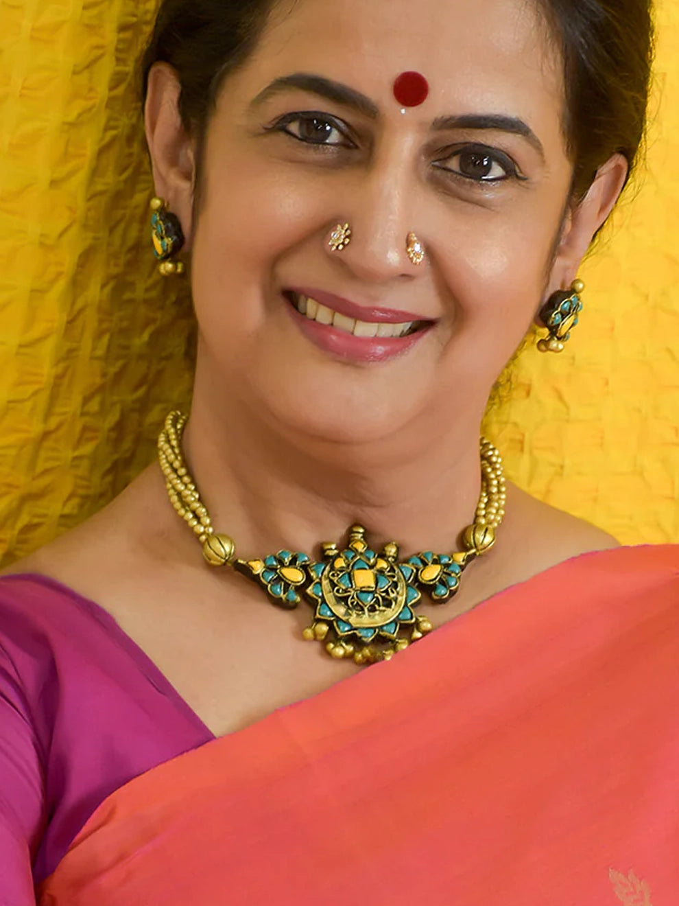 Handmade Terracotta Floral Statement Necklace Set with Stud Earrings in Blue, Yellow and Antique Gold