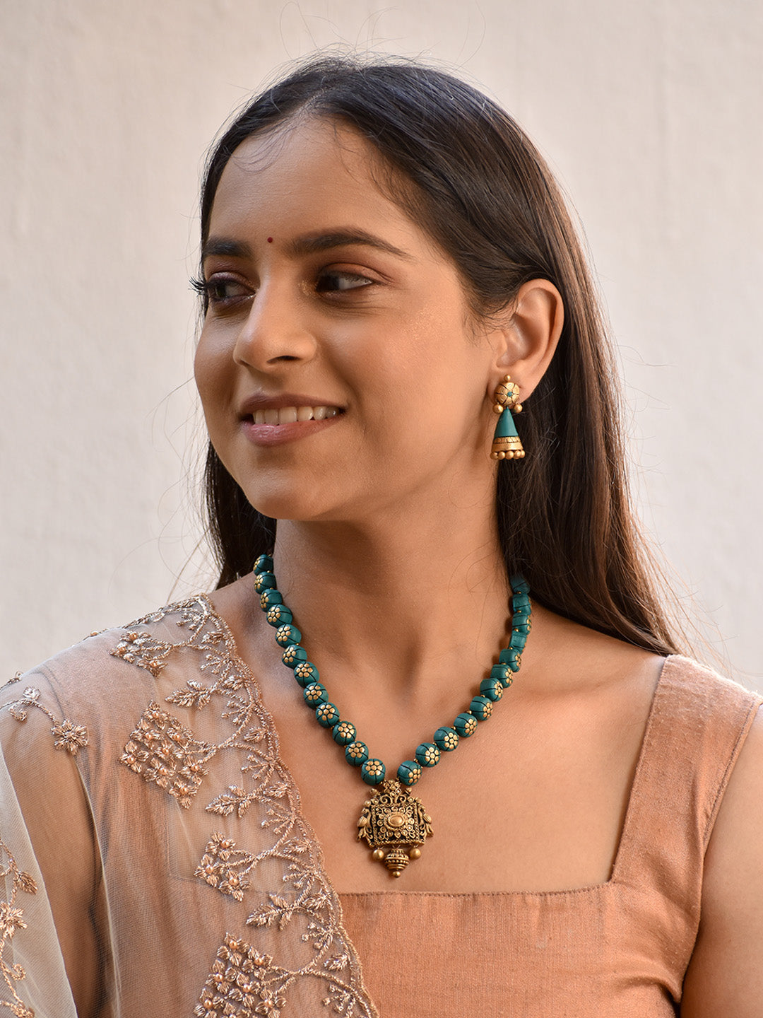 Beautifully Handmade Floral Terracotta Jewellery Set in Teal & Antique Gold