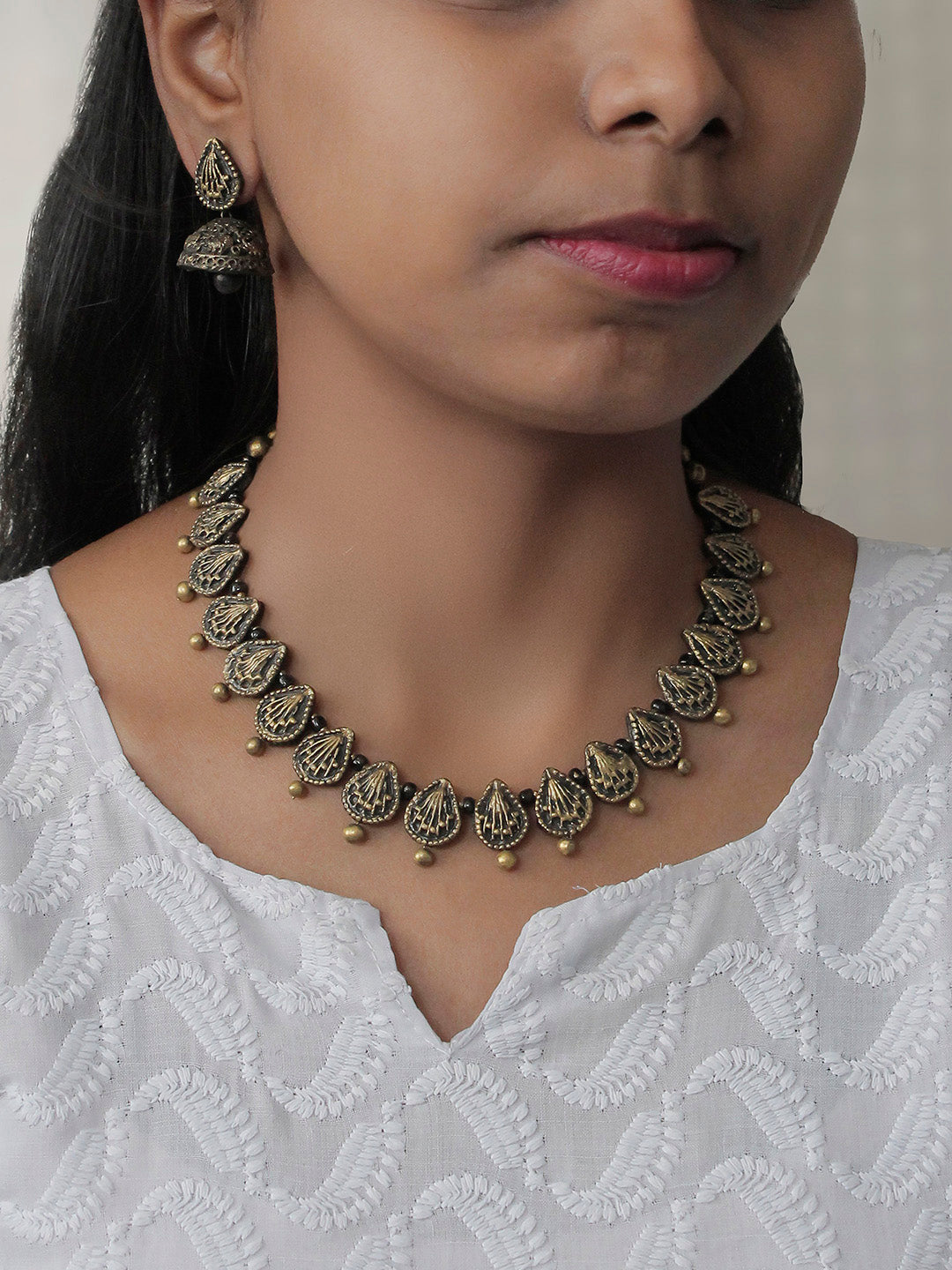 Handcrafted Antique Brass Coral Design Pendant Choker Earrings Set