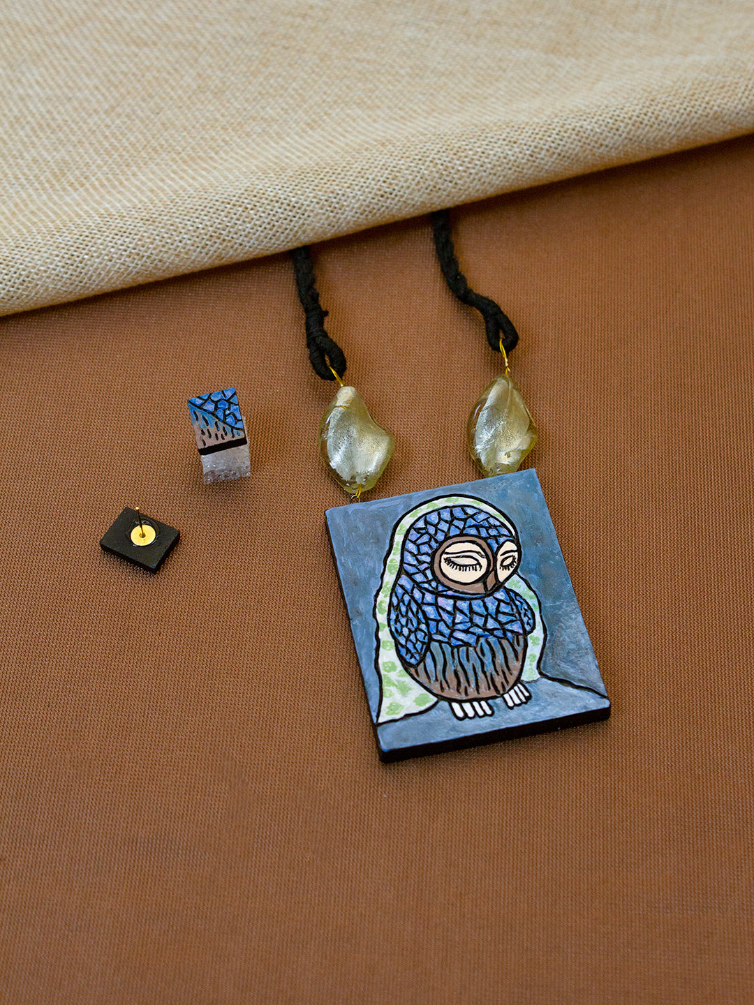 Beautifully Handcrafted Owl Motif Terracotta Jewellery Set in Shades of Blue & Antique Bronze