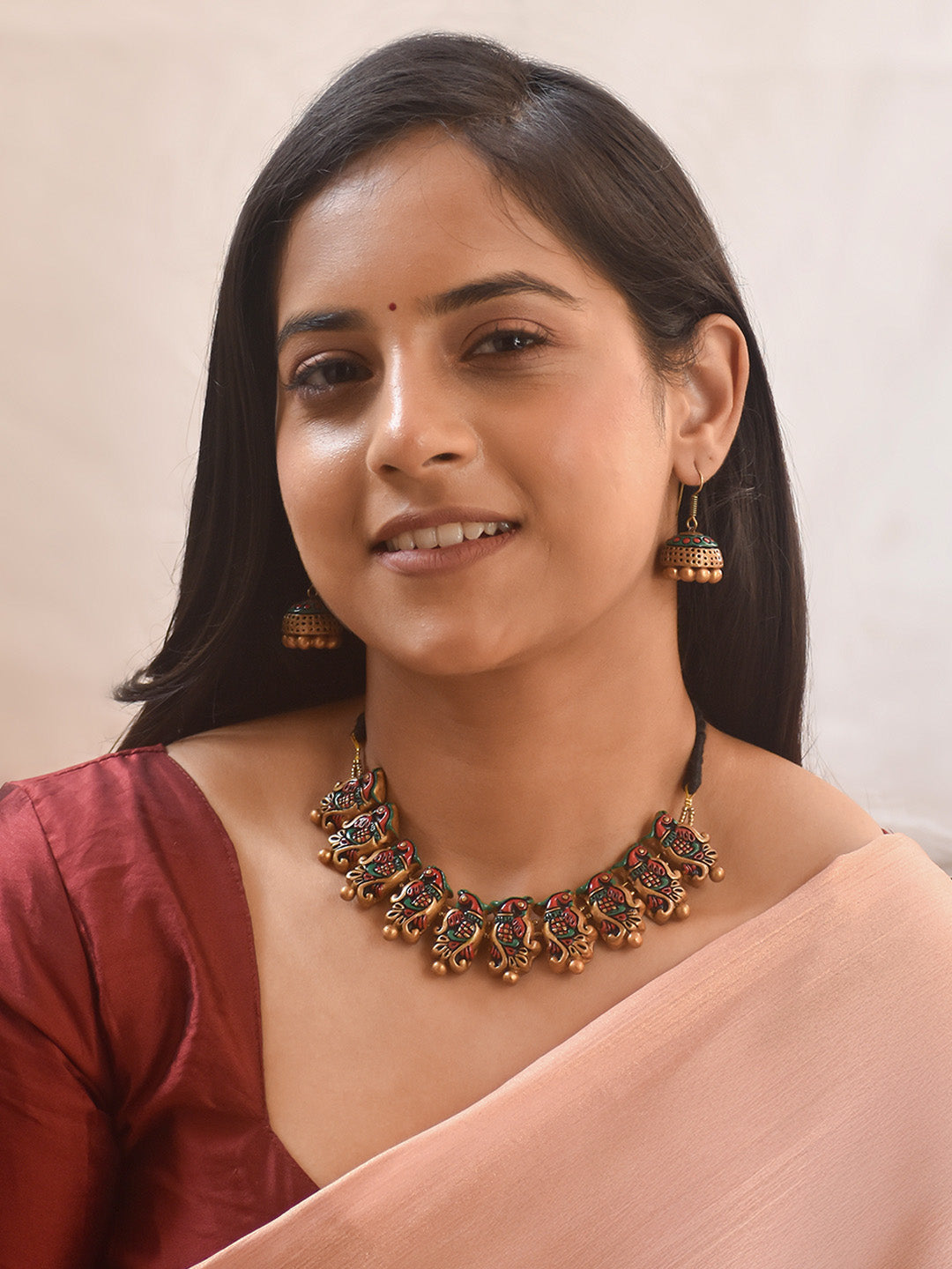 Handcrafted Parrot Motif Terracotta Jewellery Set in Red, Green & Antique Gold