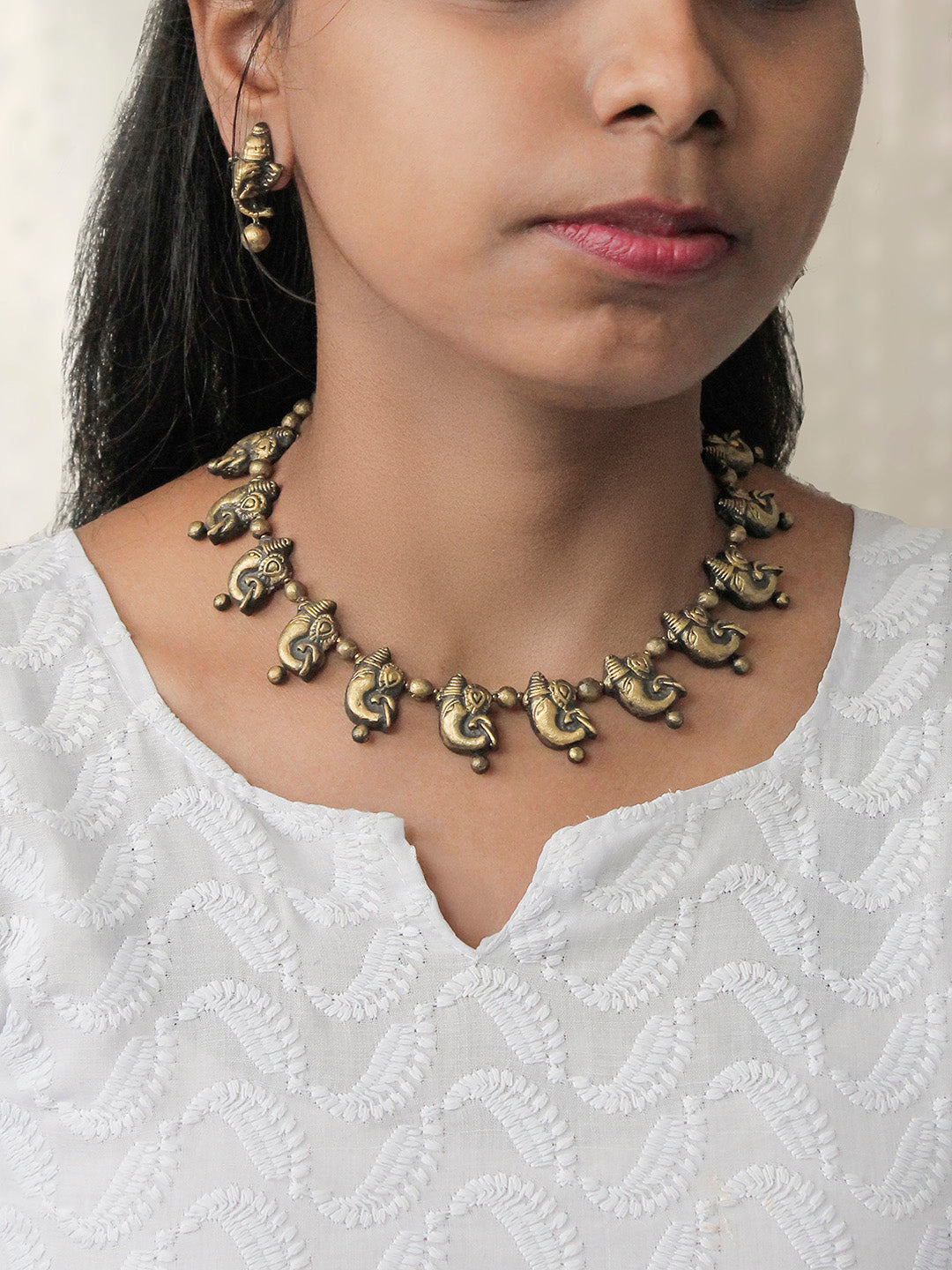 Handcrafted Antique Brass Ganesha Motif Pendant Choker Earrings Set