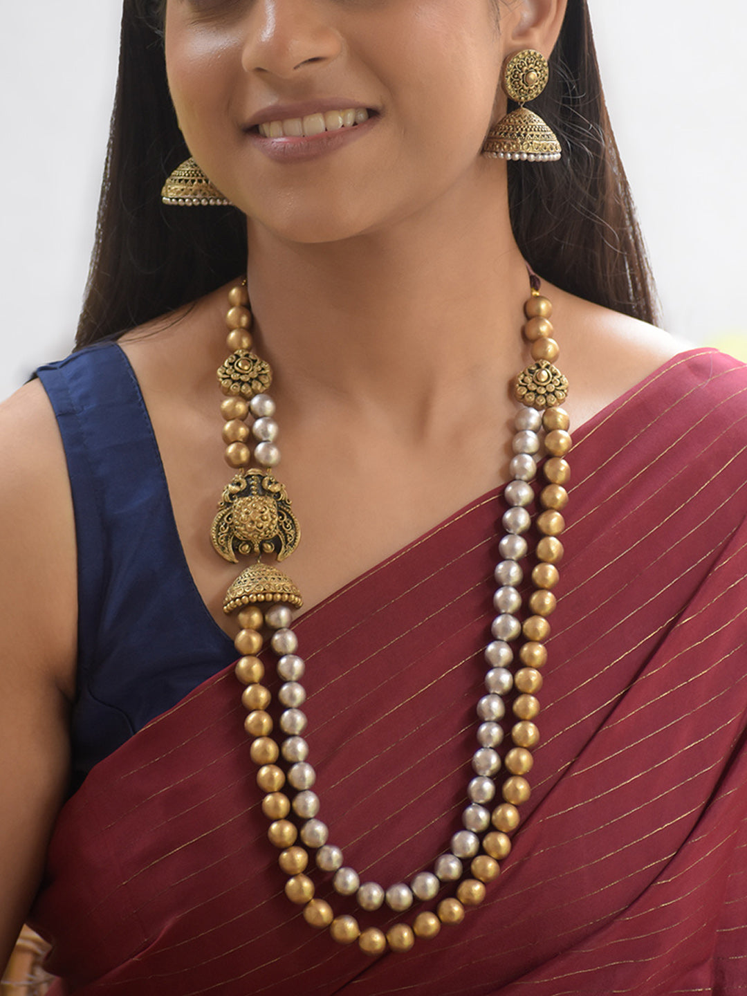 Sundari - Handcrafted Terracotta Dual-Tone Beaded Mogappu Necklace Set with Floral Pendant and Antique Finish Earrings