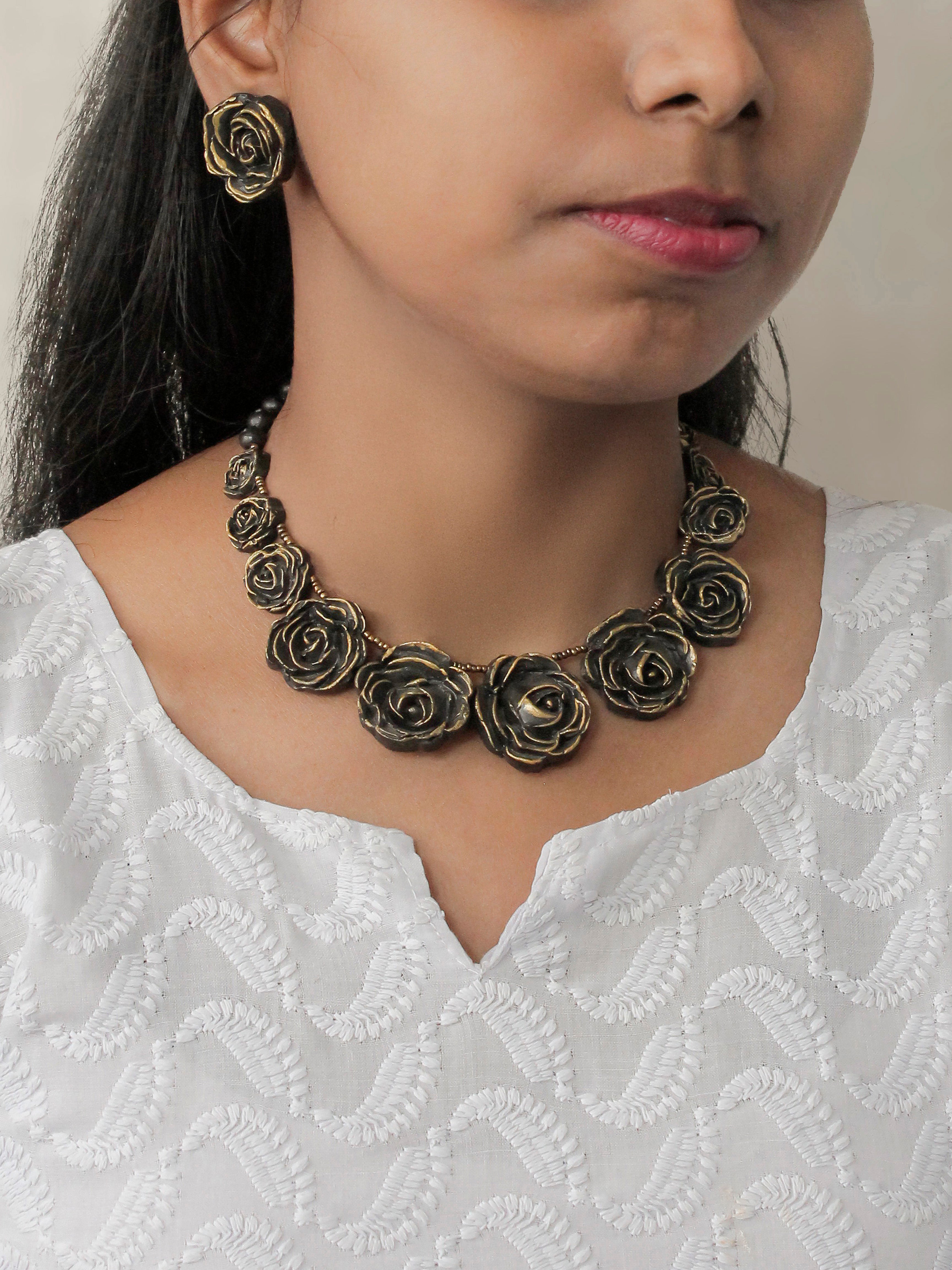 Handcrafted Antique Brass Rose Pendant Choker Earrings Set