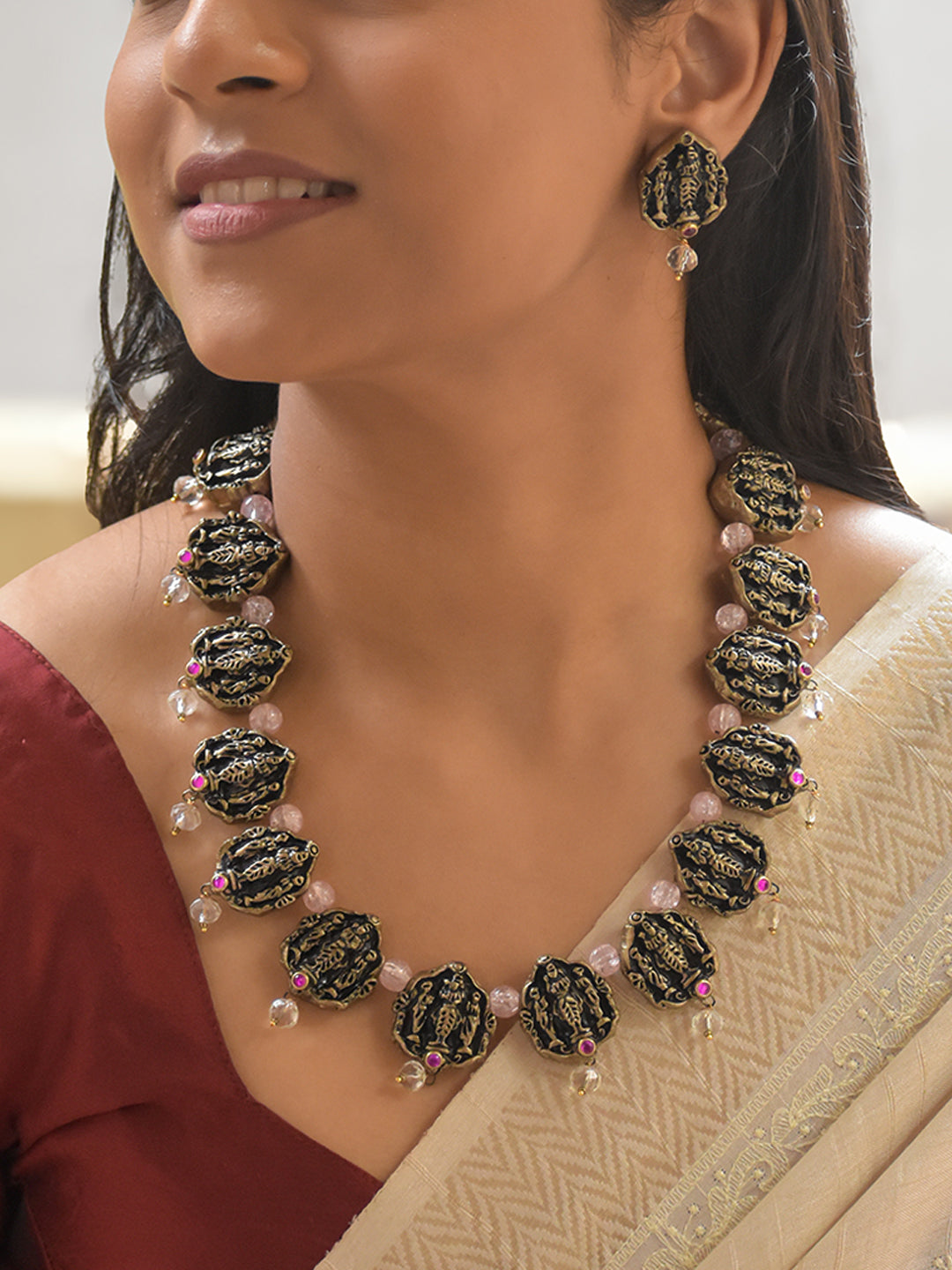 Handcrafted Terracotta Lord Venkateshwara Necklace Set with Antique Gold Beads, Pink Accents, and Matching Stud Earrings