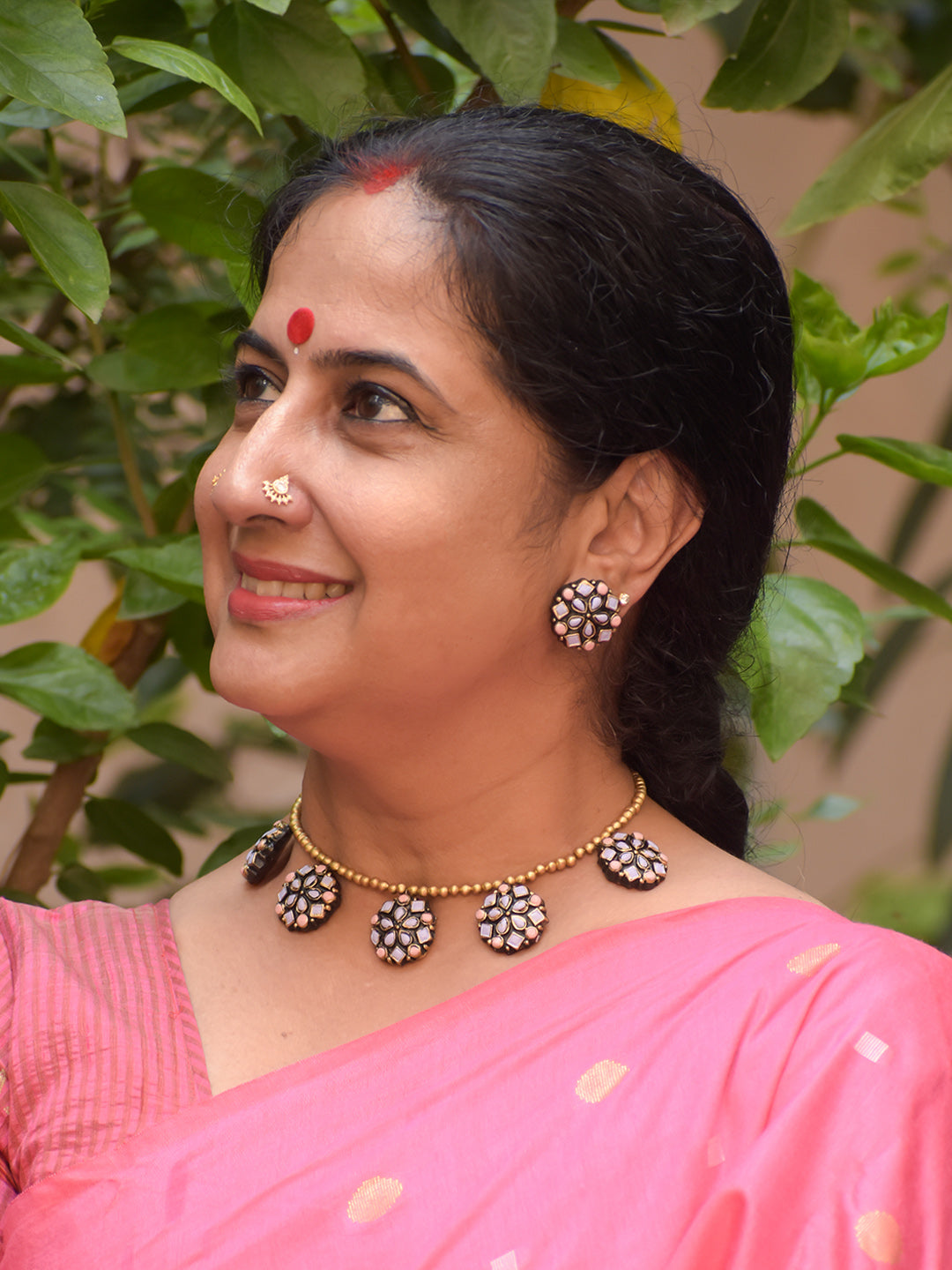 Handcrafted Terracotta Pastel Mirror Work Medallion Necklace Set with Stud Earrings in Pink and Grey